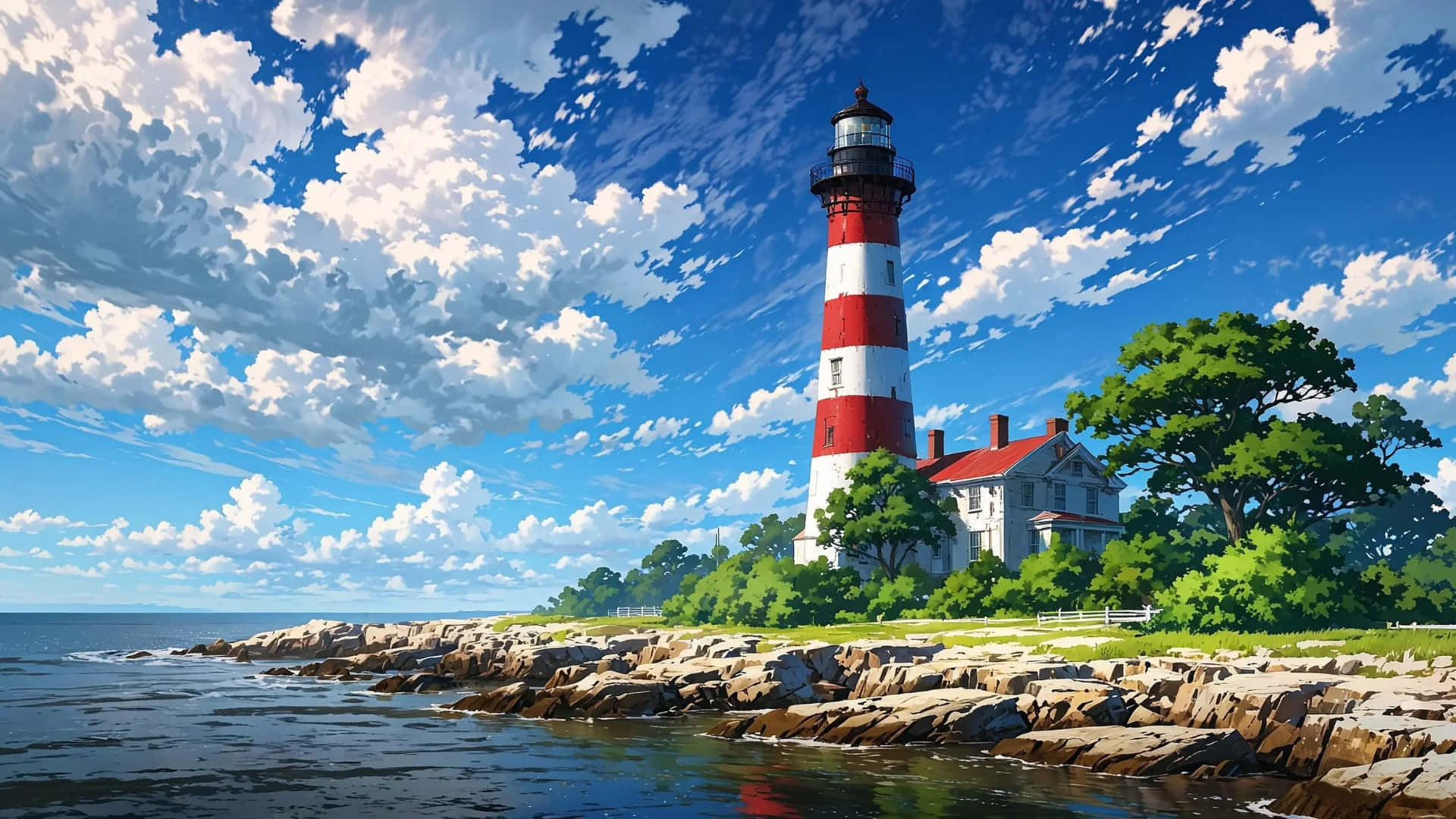 macOS Tahoe, red and white striped lighthouse, coastal house, Full HD Desktop Wallpaper
