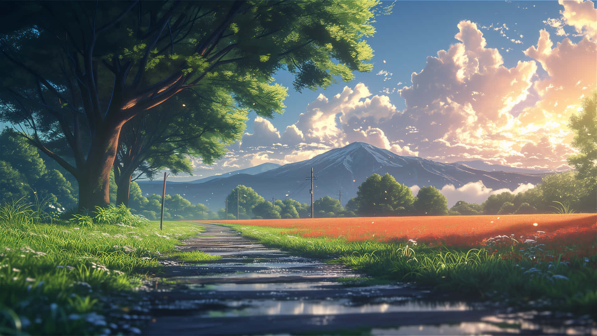macOS Tahoe, vibrant green grass, orange flowers, Full HD Desktop Wallpaper