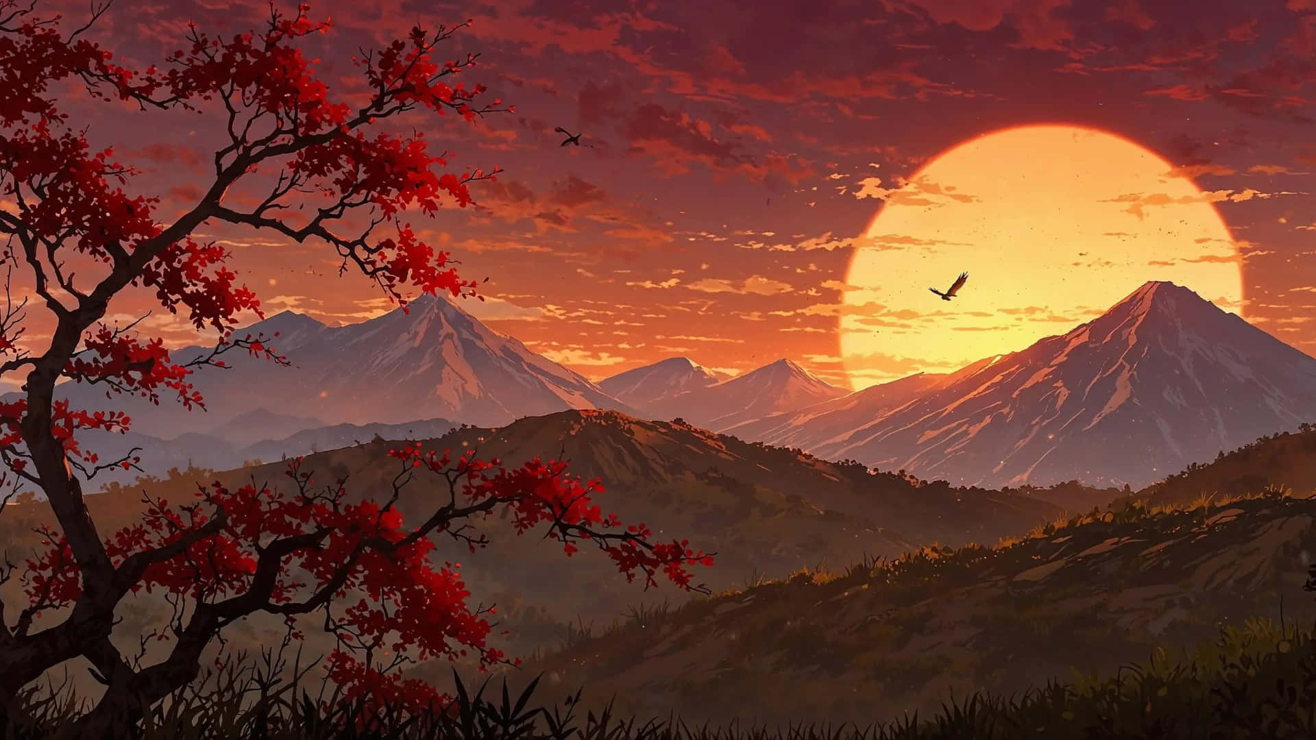 macOS Tahoe, sunset, red maple tree, Full HD Desktop Wallpaper