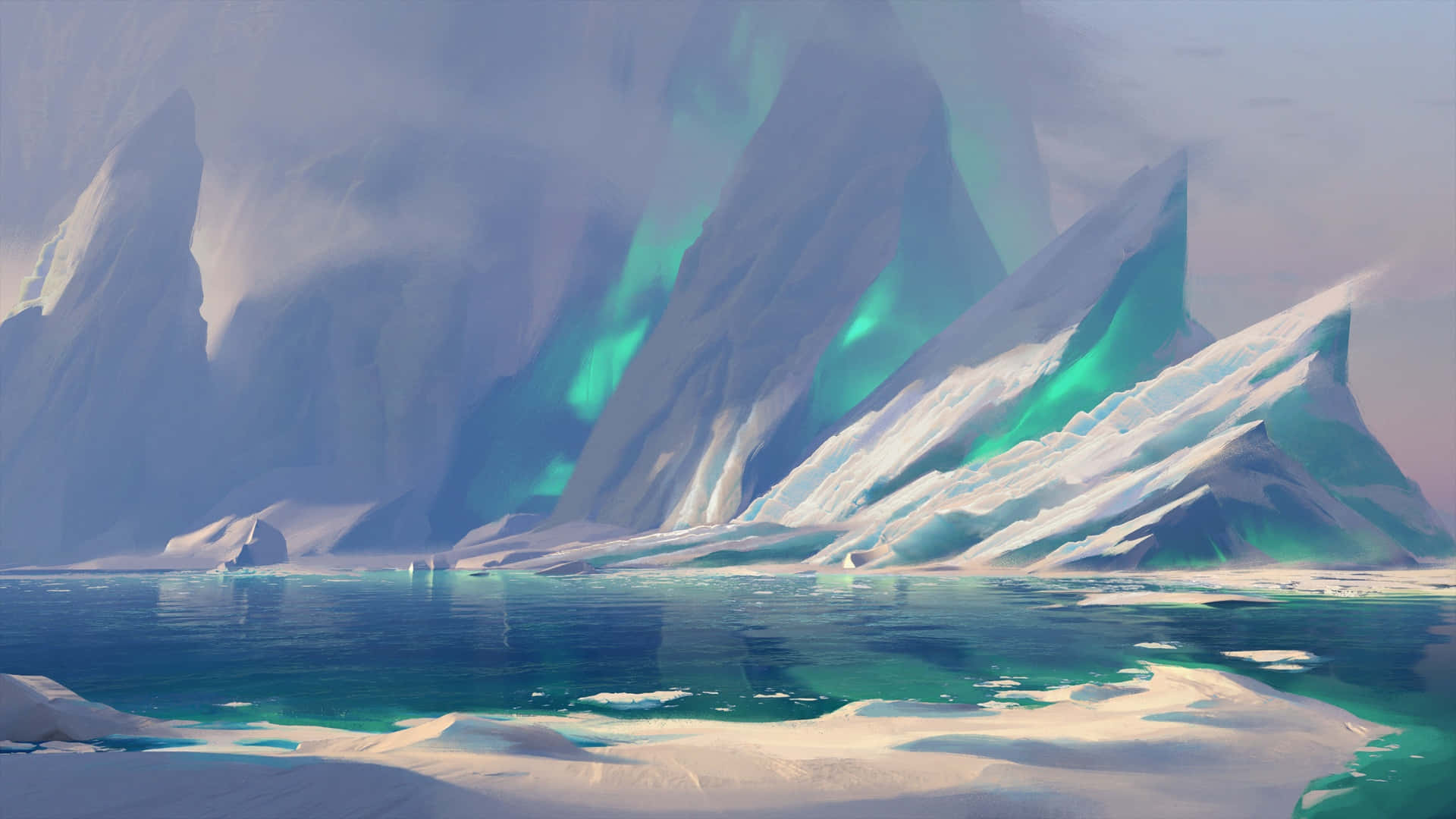 macOS Tahoe, teal auroras, jagged icebergs, Full HD Desktop Wallpaper