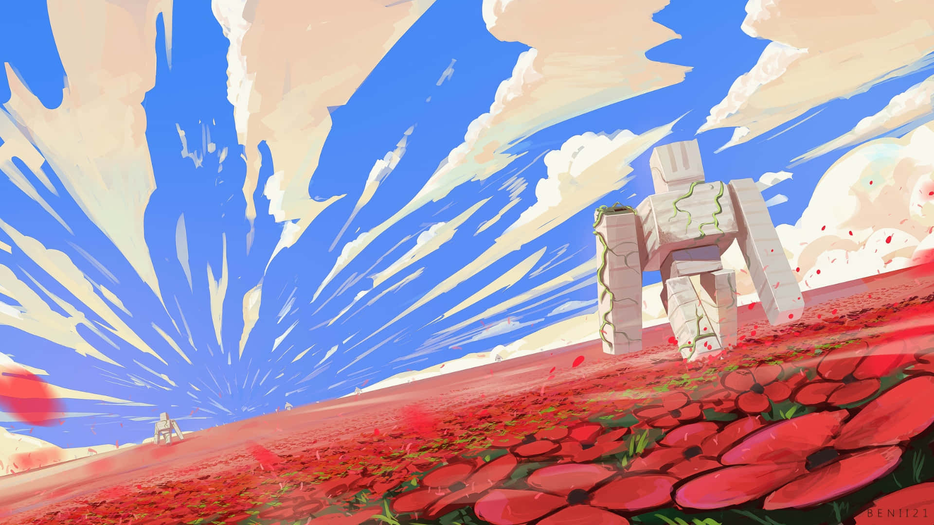 macOS Tahoe, stone statue, field of red poppies, Full HD Desktop Wallpaper