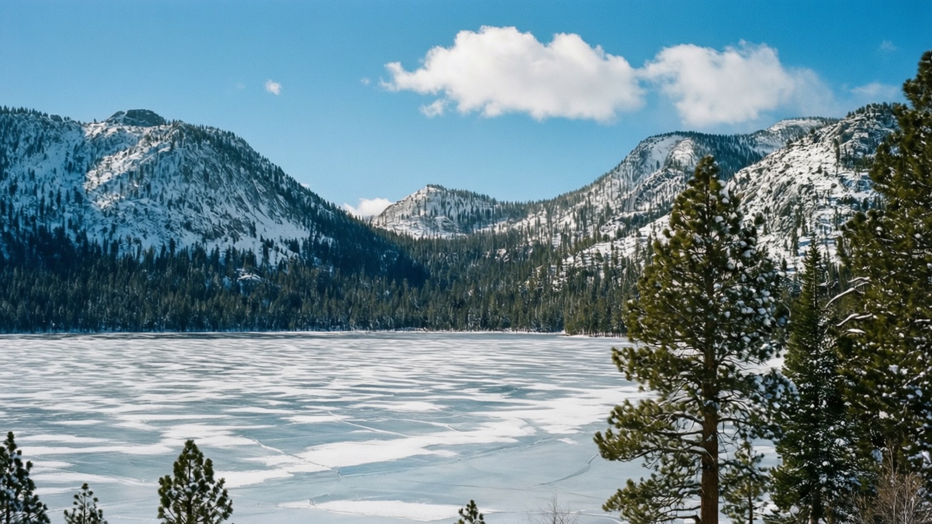 Lake Tahoe, snow-covered mountains, frozen lake, Full HD Desktop Wallpaper