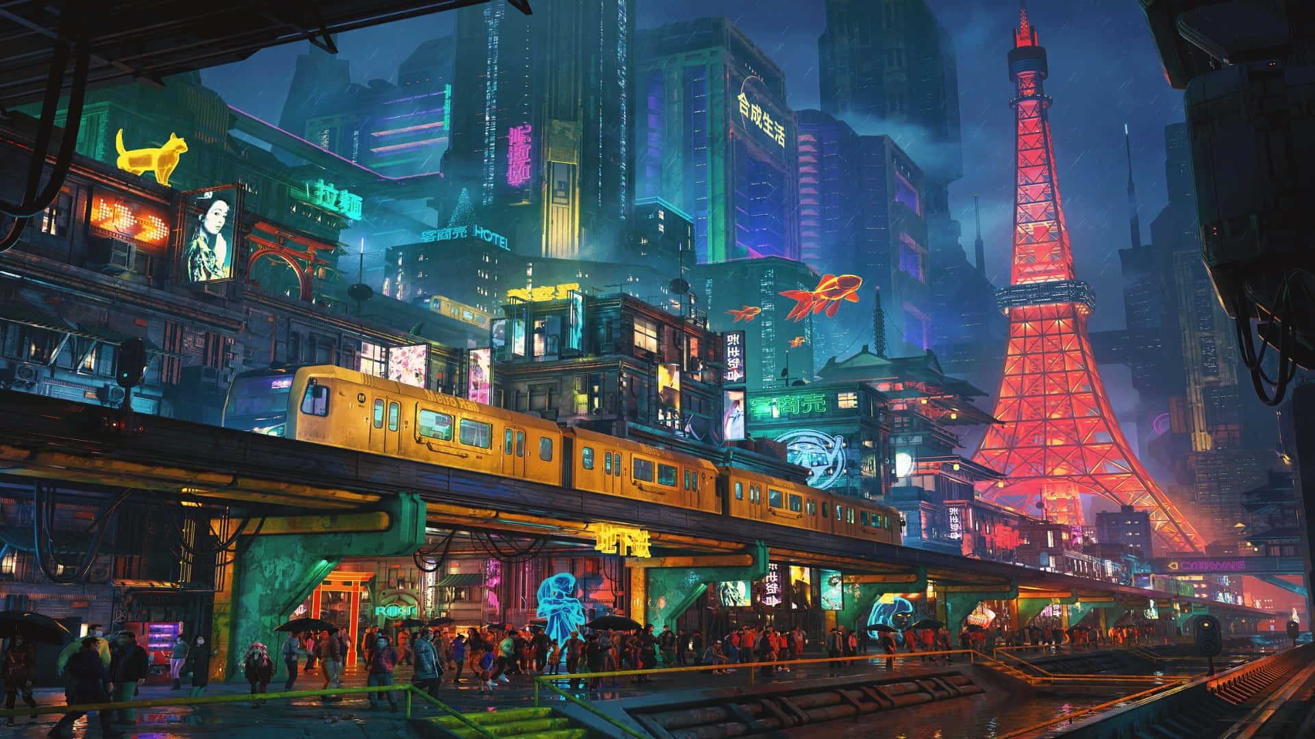 macOS Tahoe, cyberpunk city, neon-drenched, Full HD Desktop Wallpaper