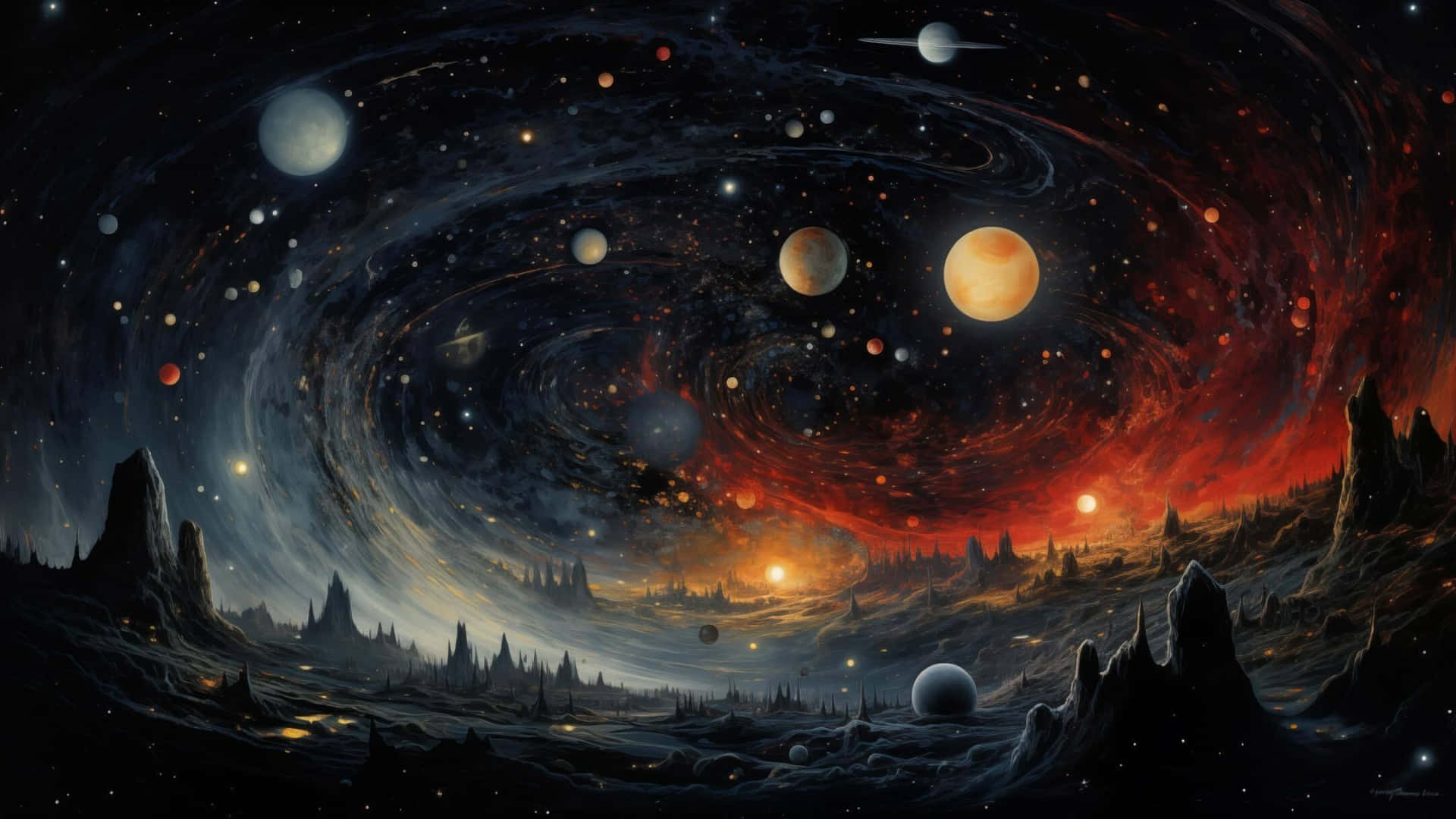macOS Tahoe, cosmic landscape, jagged alien mountains, Full HD Desktop Wallpaper
