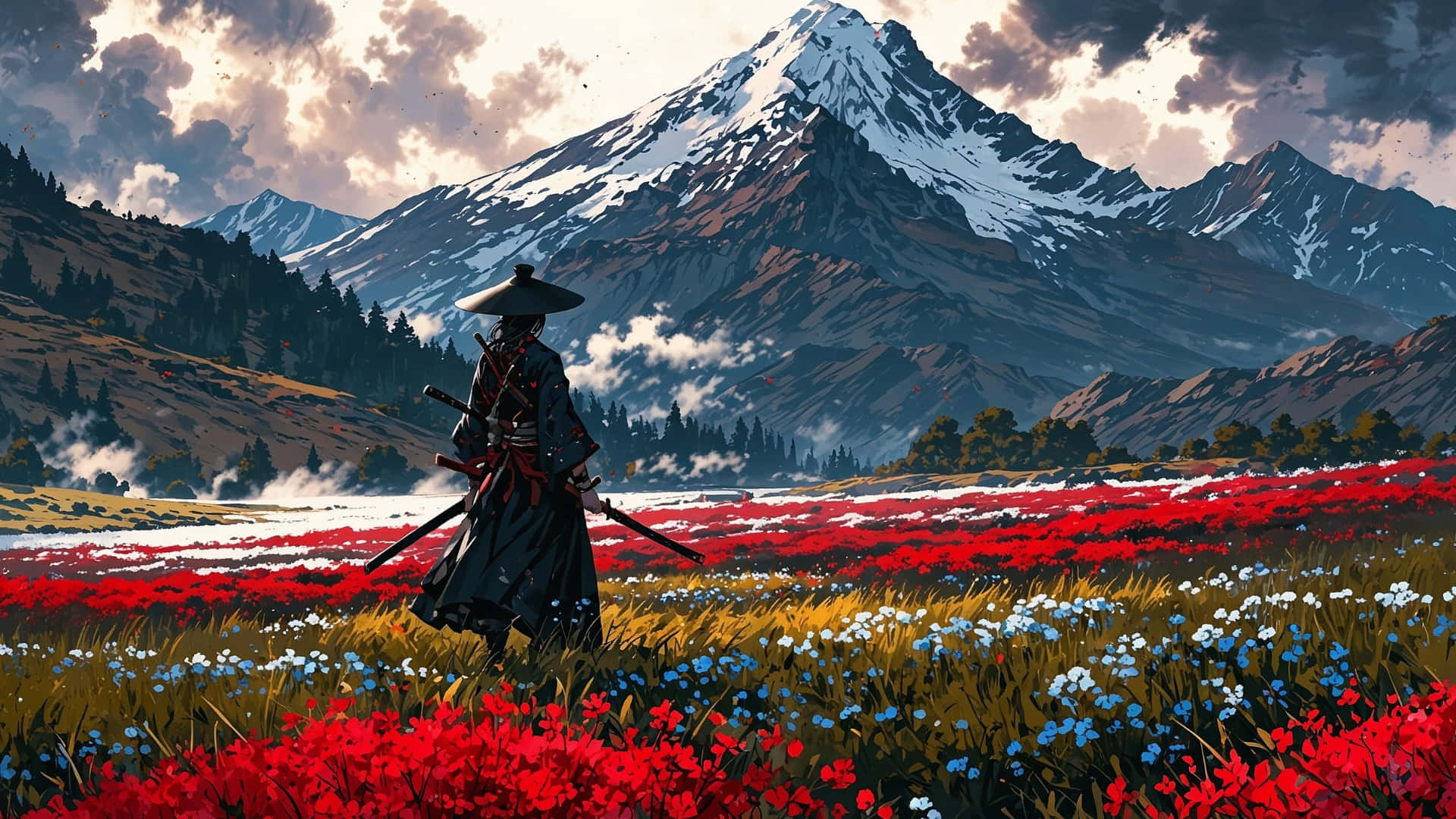macOS Tahoe, samurai, red white and blue flowers, Full HD Desktop Wallpaper