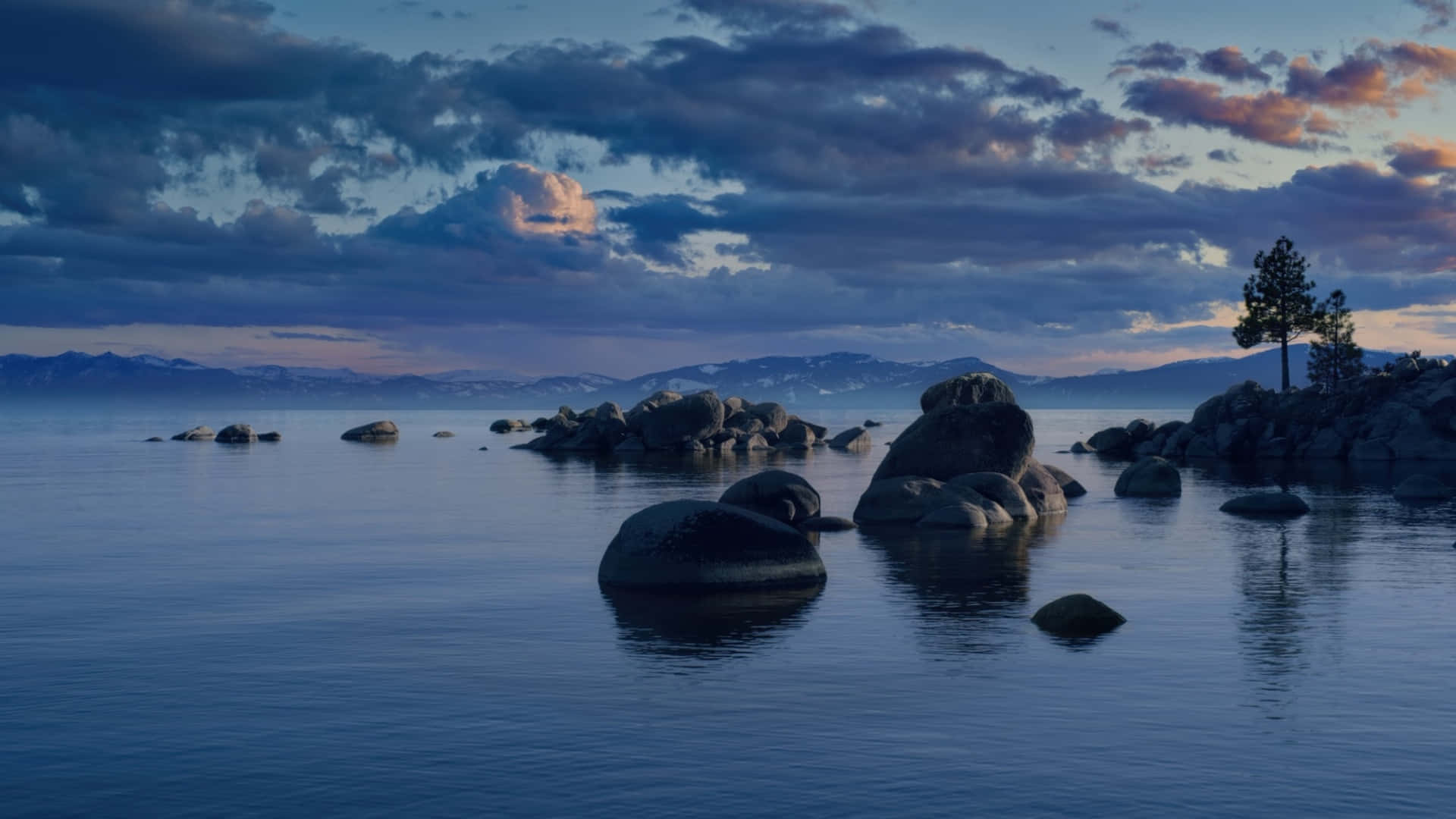 macOS Tahoe, twilight lake, dark boulders, Full HD Desktop Wallpaper