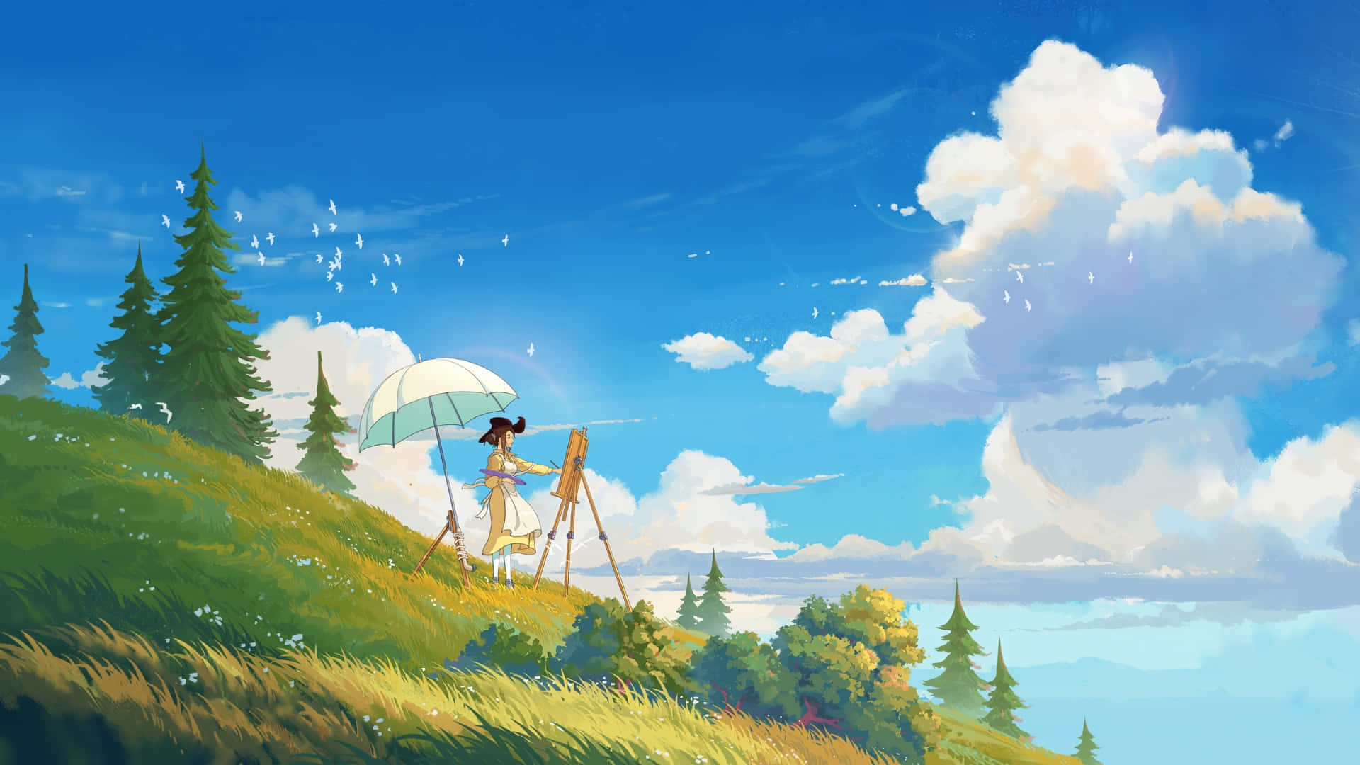 macOS Tahoe, grassy hill, bright blue sky, Full HD Desktop Wallpaper