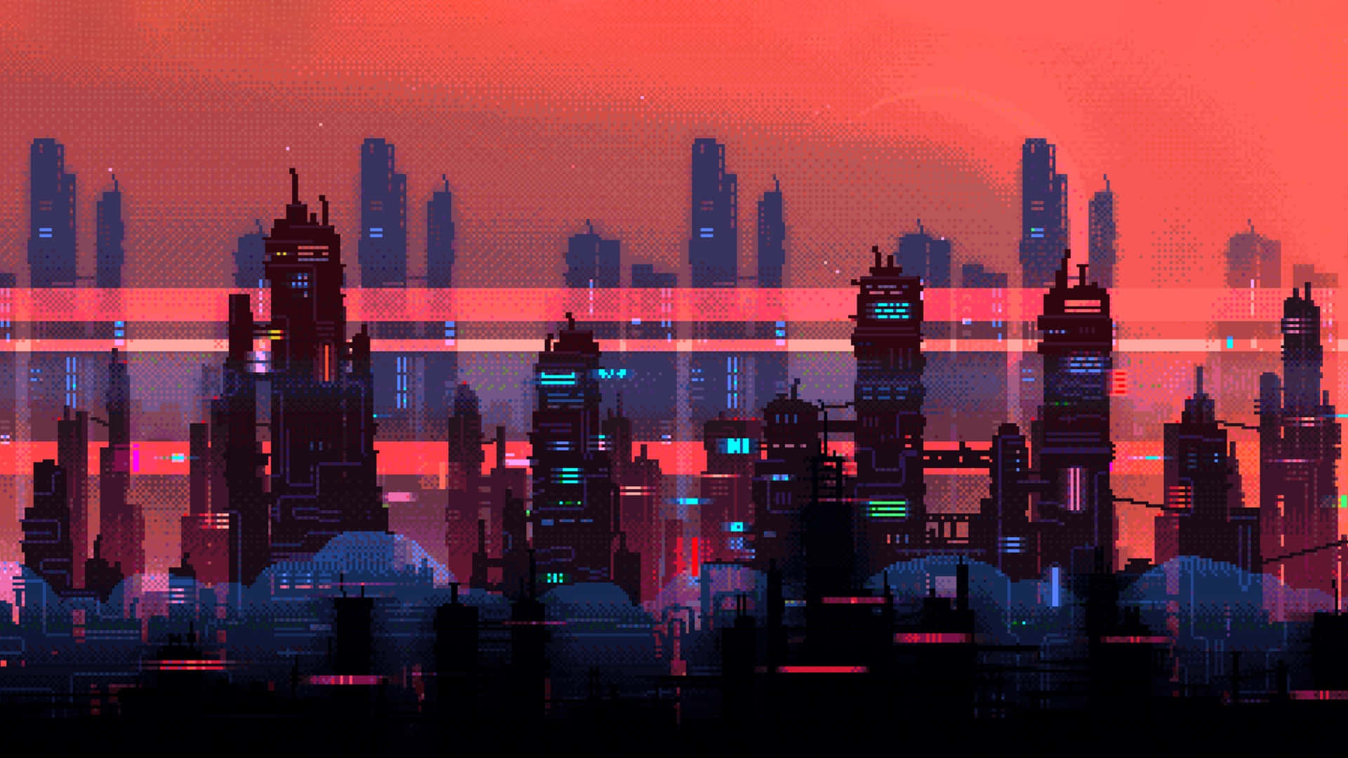 macOS Tahoe, cyberpunk cityscape, sunset, Full HD Desktop Wallpaper
