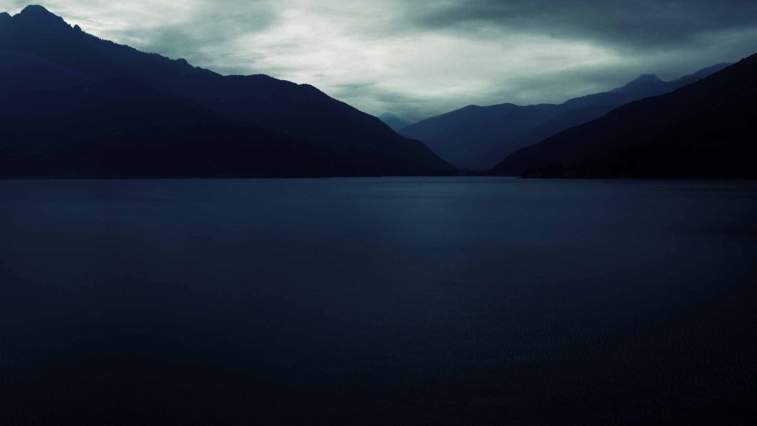 macOS, Dark Blue Mountains, moody lake, 2K Desktop Wallpaper