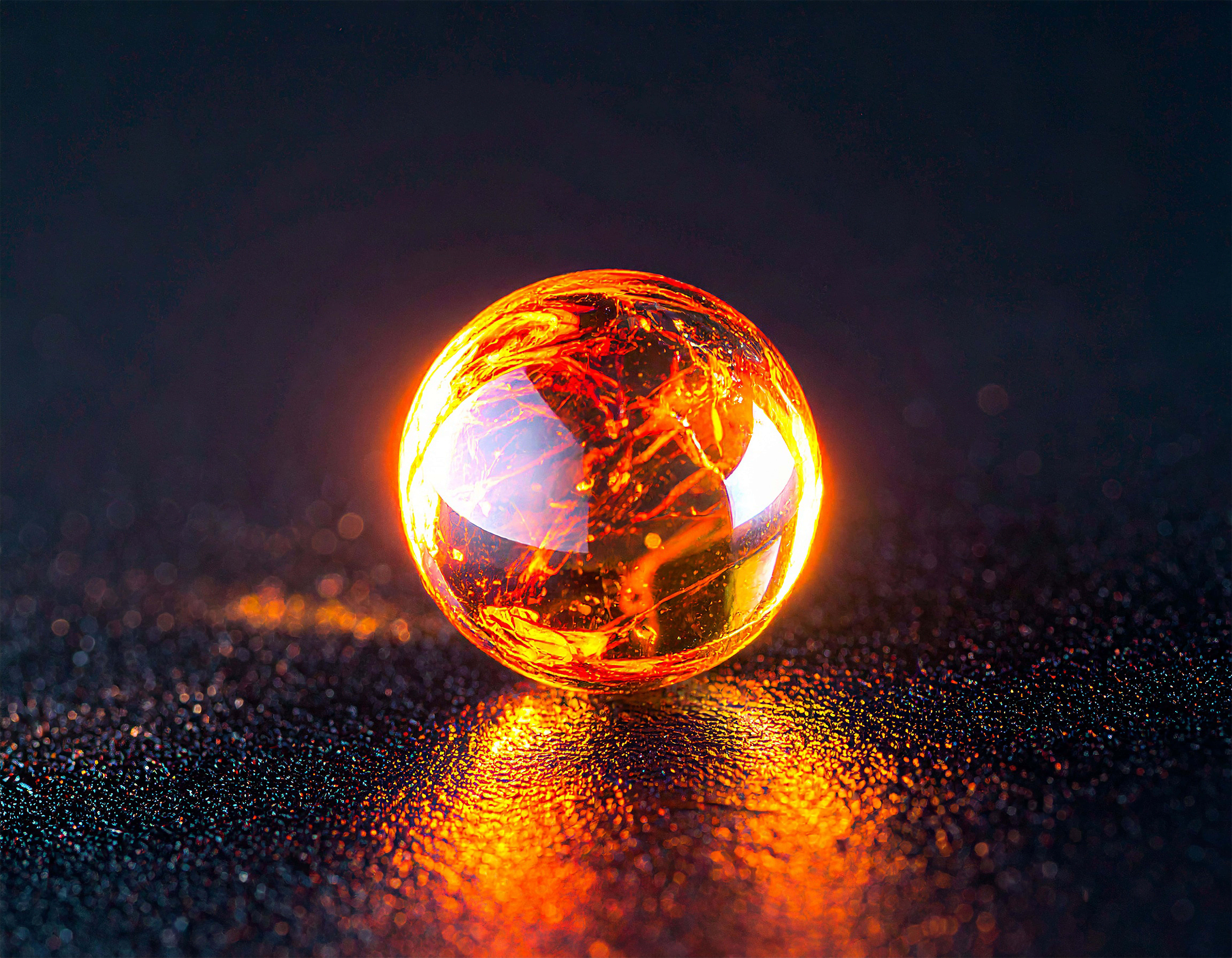 molten droplet, amber glass sphere, glittering surface, 8K Desktop Wallpaper