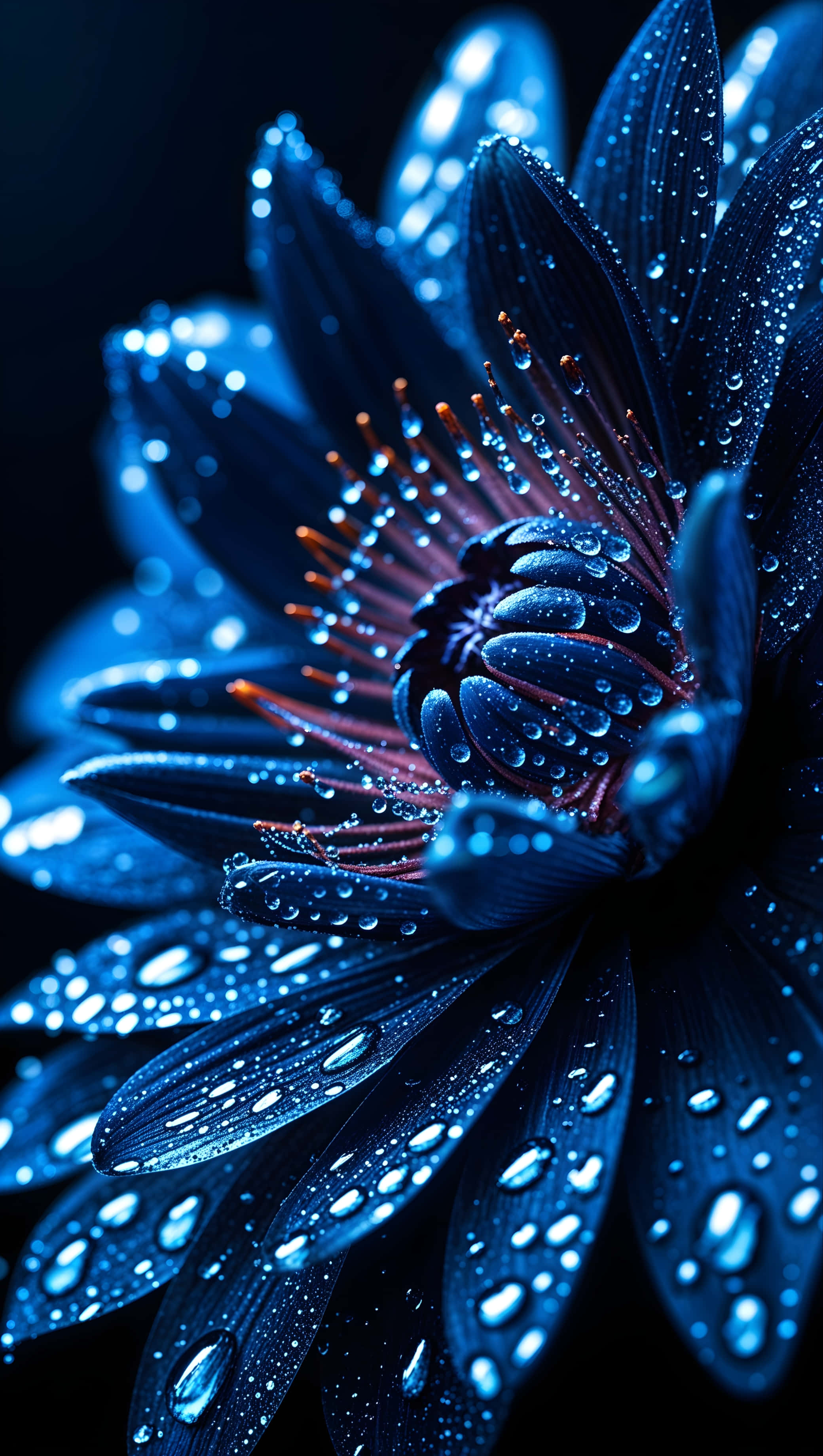 deep blue flower, dewdrops, petals, 2K Phone Wallpaper