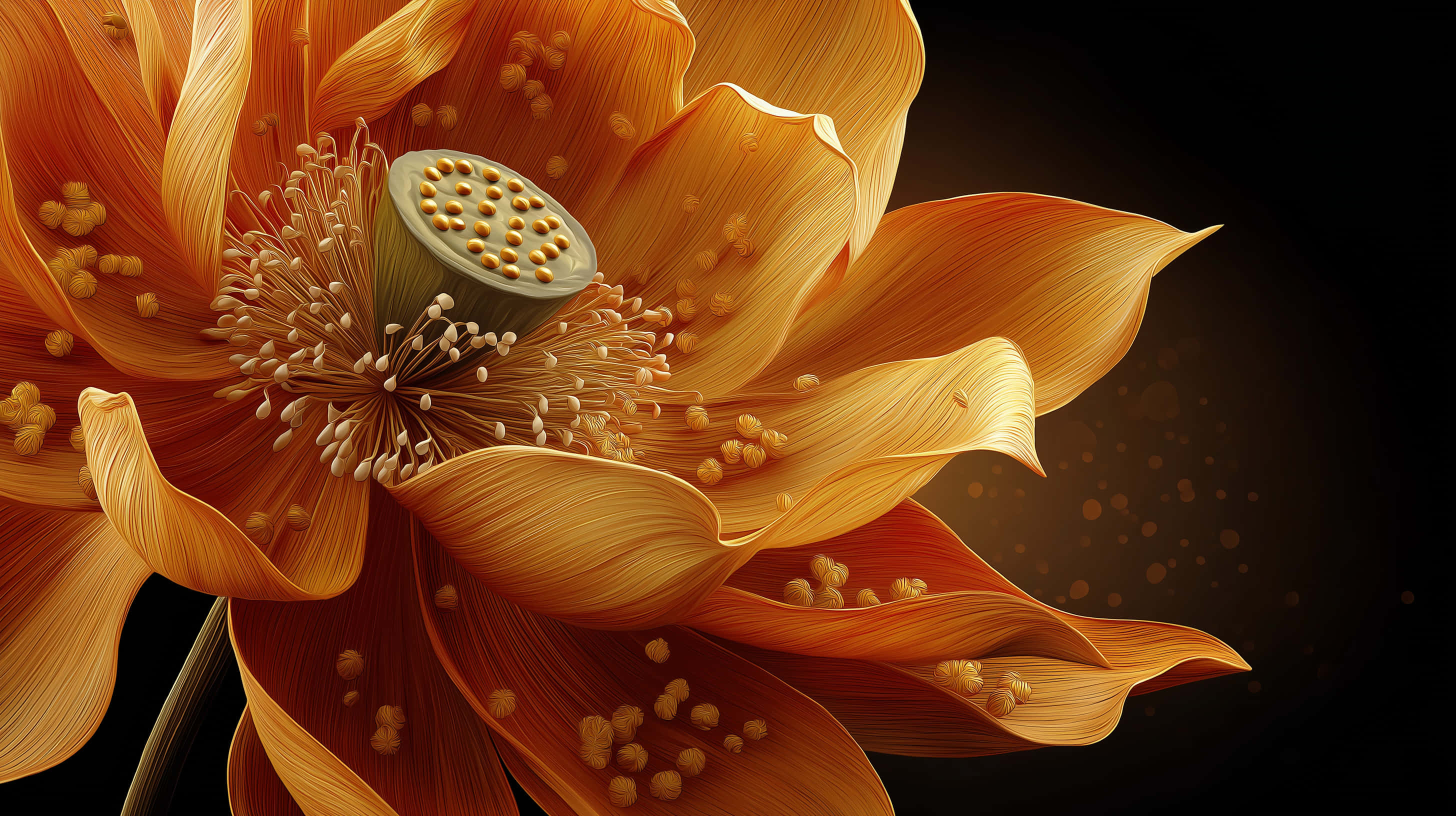 orange lotus blossom, seed pod, dark background, 2K Desktop Wallpaper