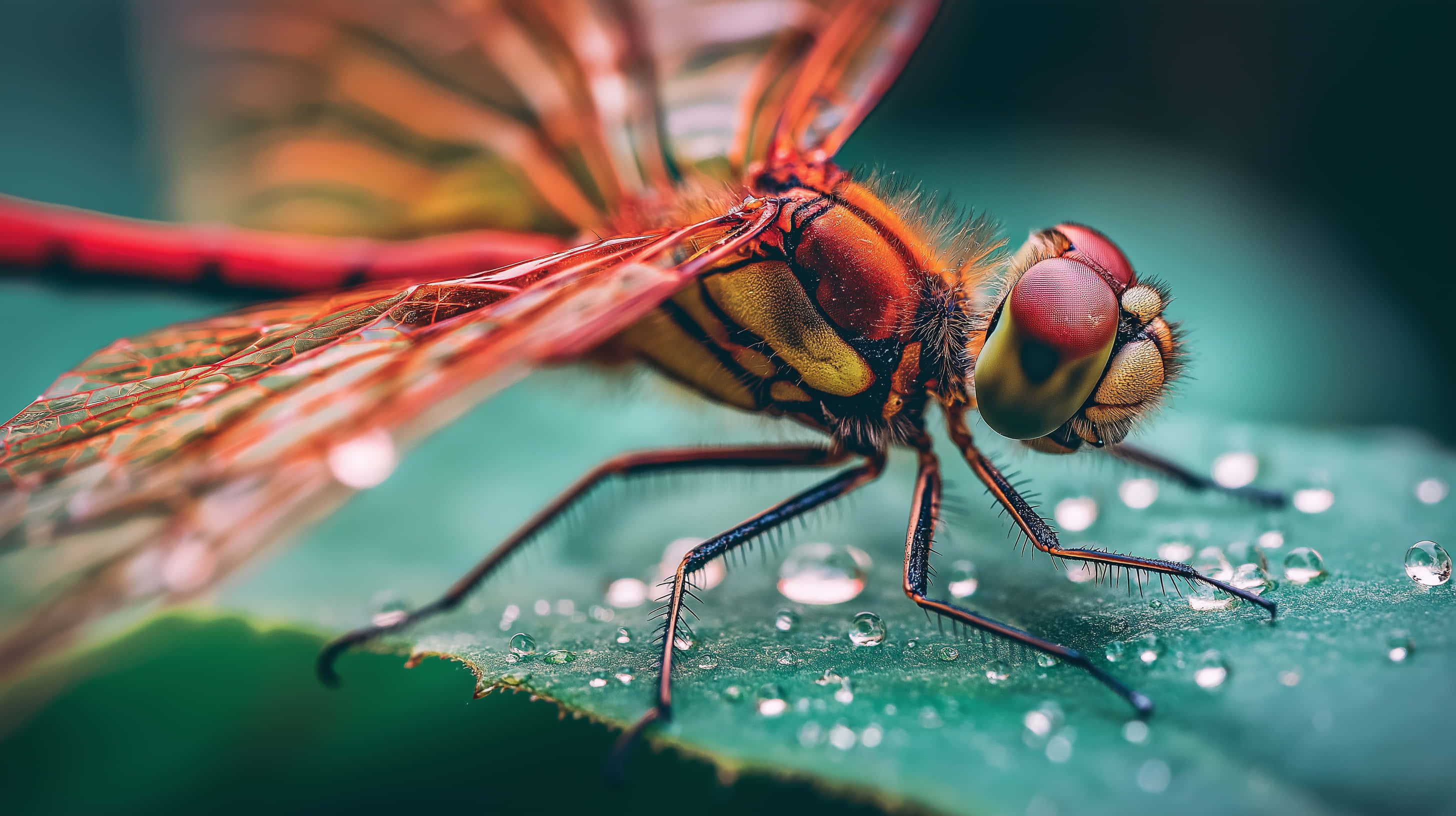 dragonfly, dew-kissed leaf, vibrant red, 2K Desktop Wallpaper