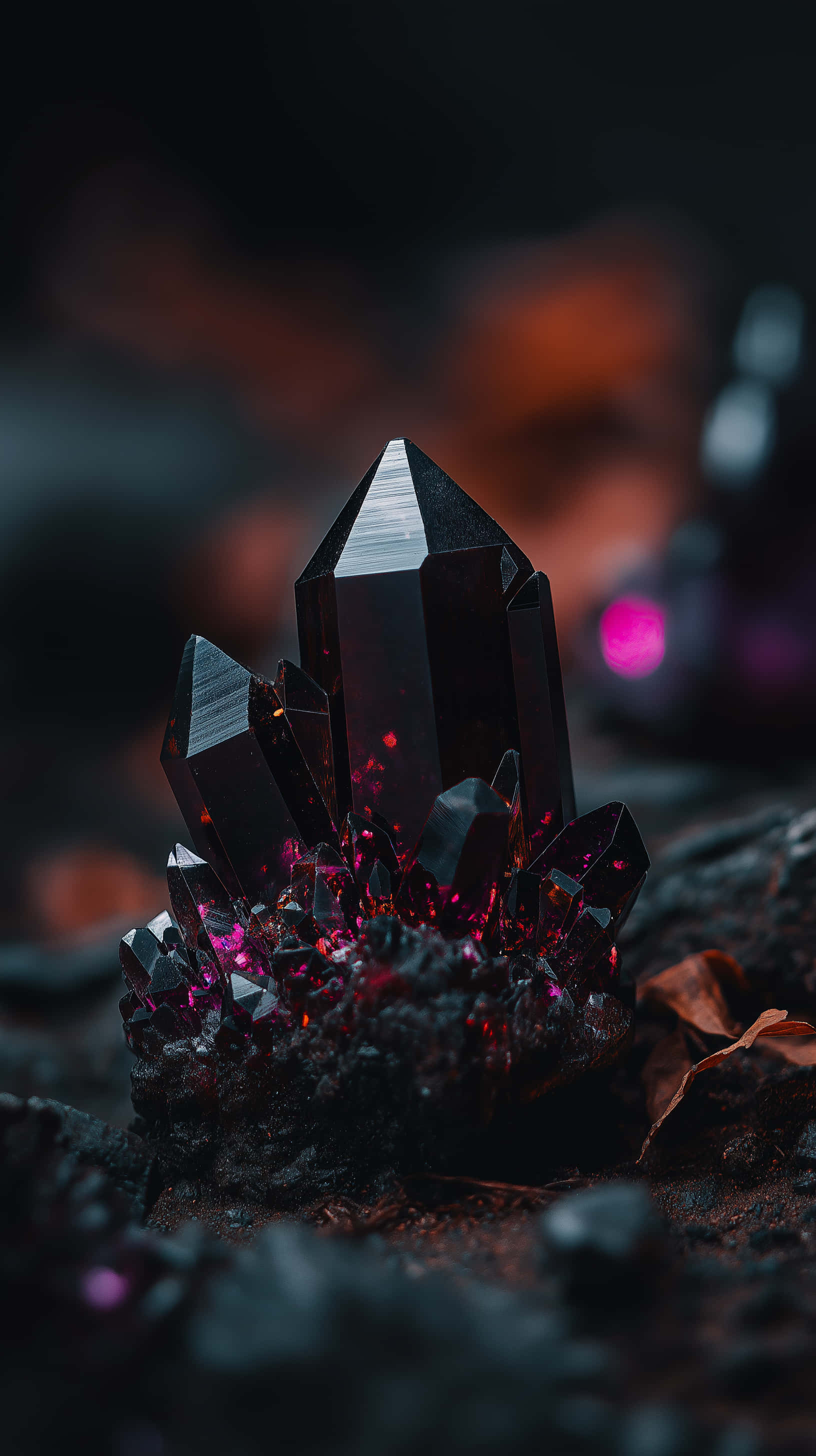 dark smoky quartz crystals, internal pink sparkles, blurred fiery background, 2K Phone Wallpaper