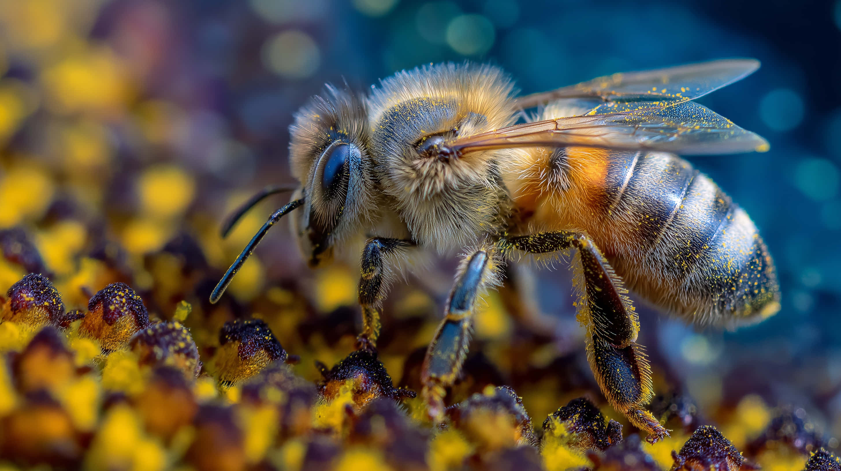 honeybee, pollen, vibrant yellow flower, 2K Desktop Wallpaper