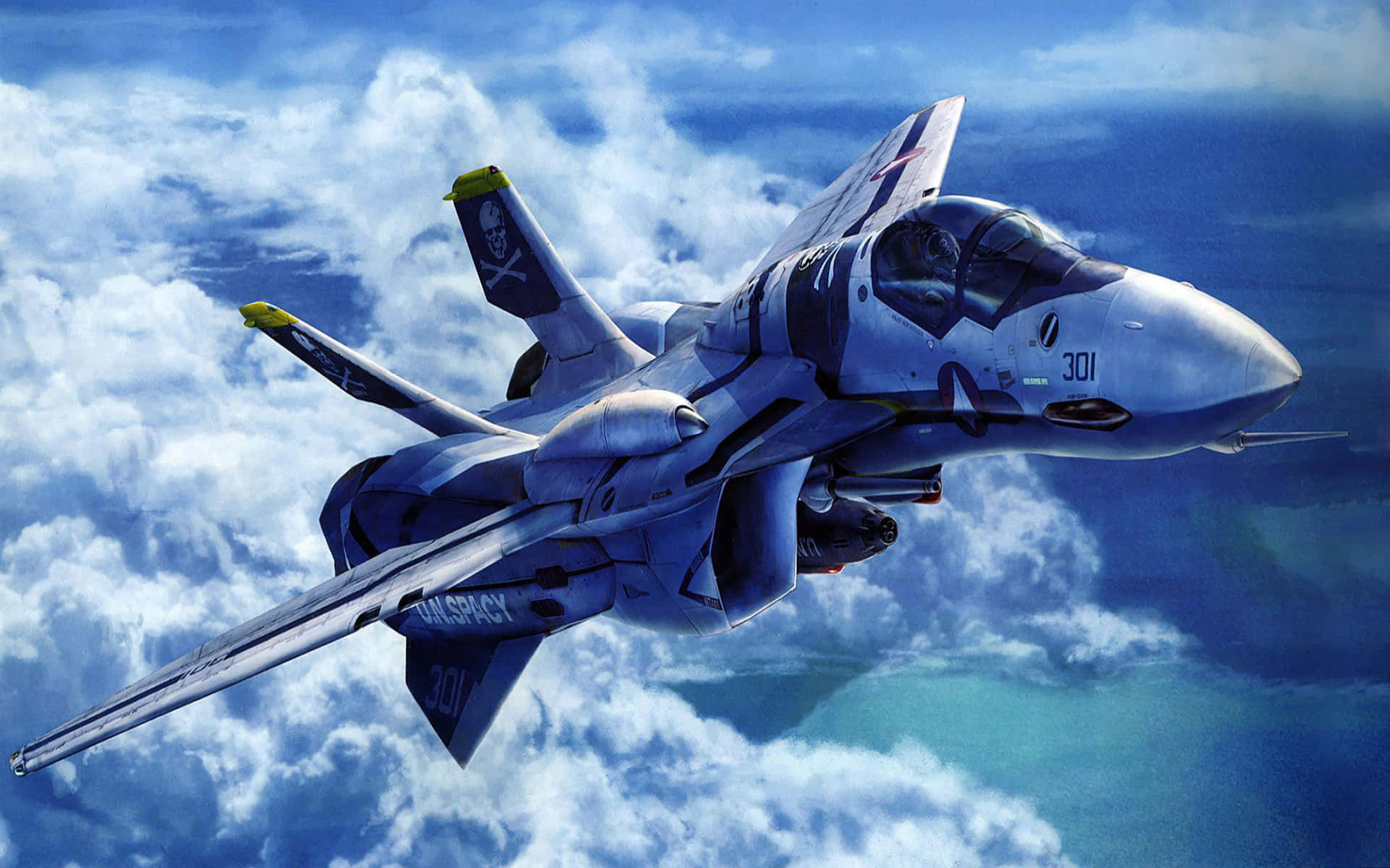 Macross Delta, sleek silver fighter jet, skull markings, Full HD Desktop Wallpaper