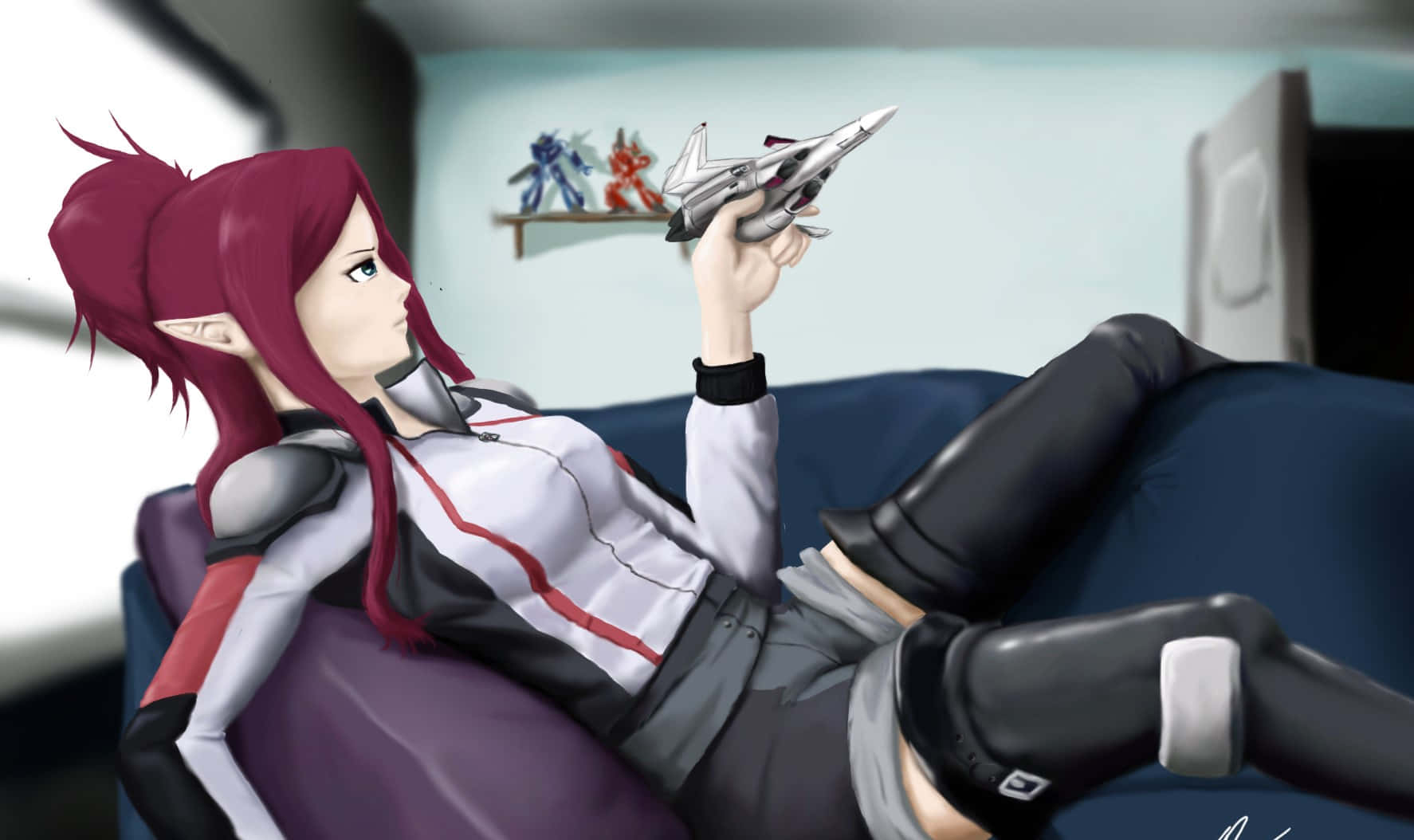 Macross Delta, red hair, fighter jet model, HD Desktop Wallpaper
