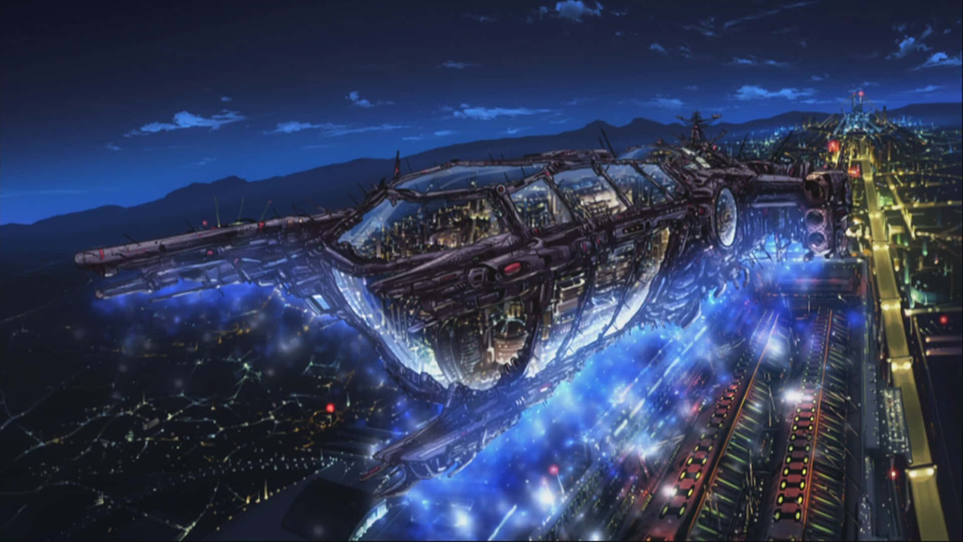 Macross Delta, neon-lit city, night, Full HD Desktop Wallpaper