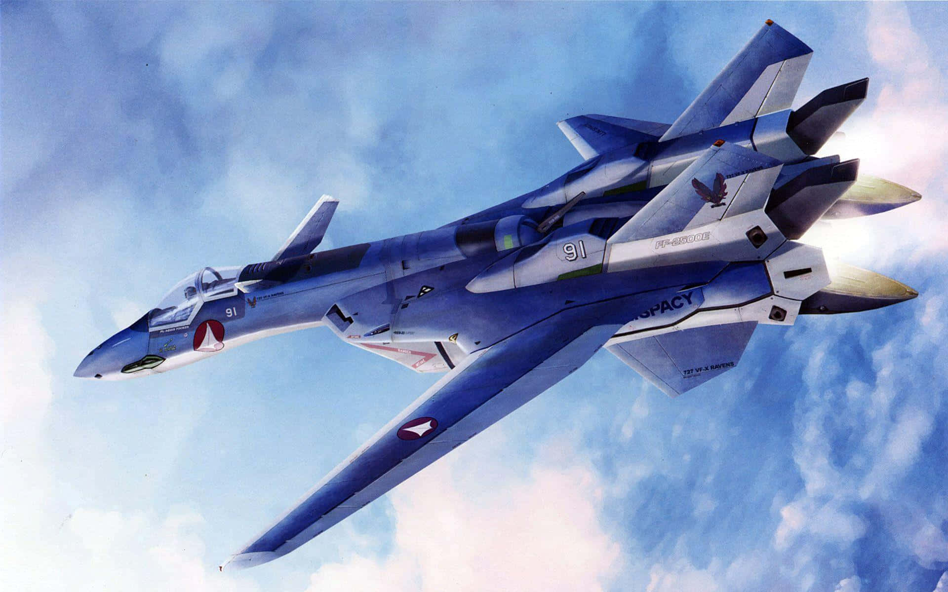 Macross Delta, sleek blue fighter jet, bright cloudy sky, Full HD Desktop Wallpaper