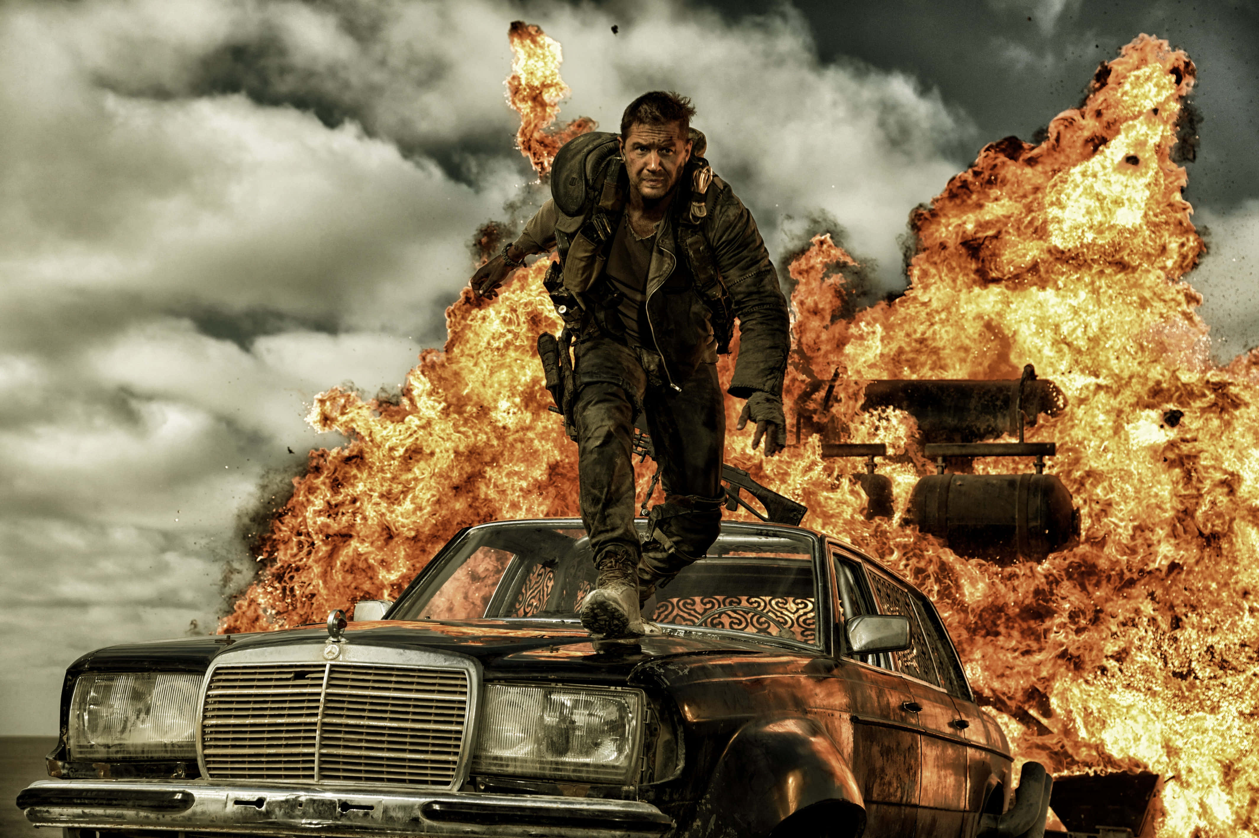 Mad Max Fury Road, burning car, massive flames, 4K Desktop Wallpaper