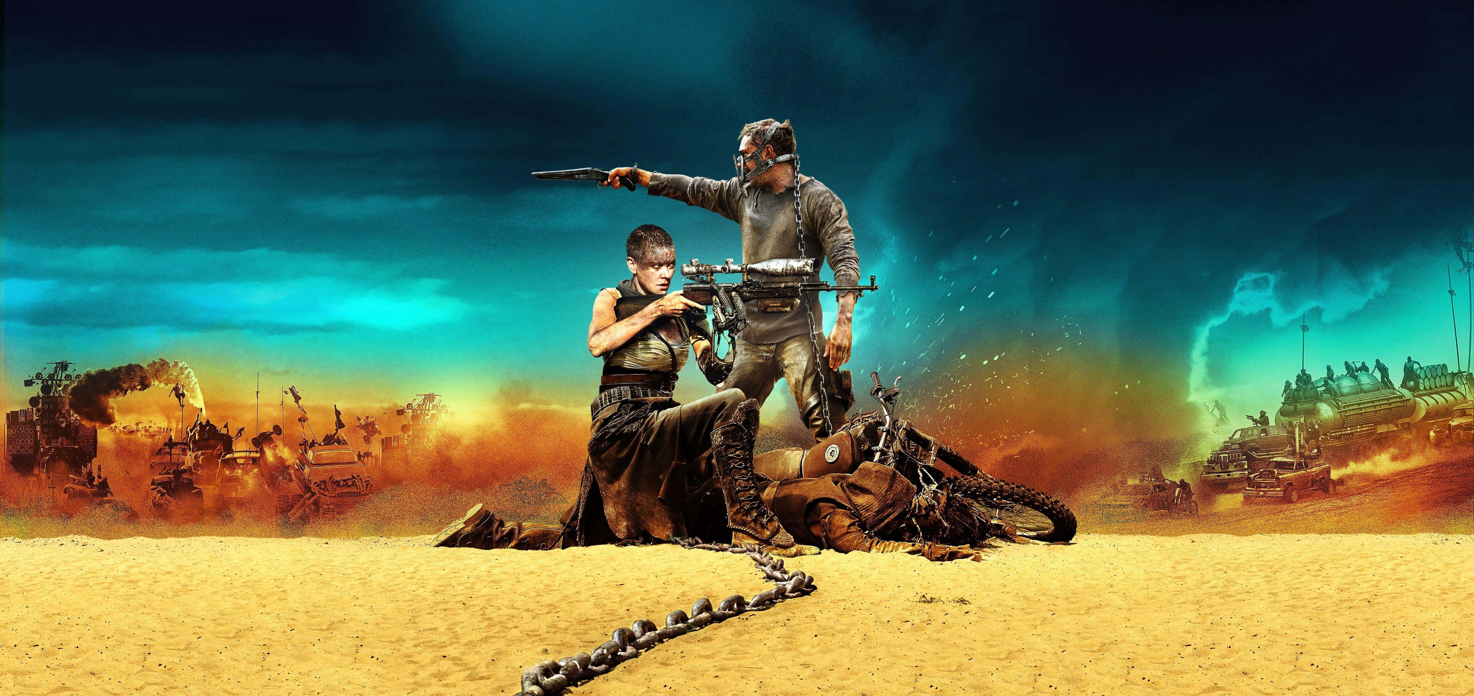 Mad Max Fury Road, post-apocalyptic desert, burning vehicles, 4K Desktop Wallpaper