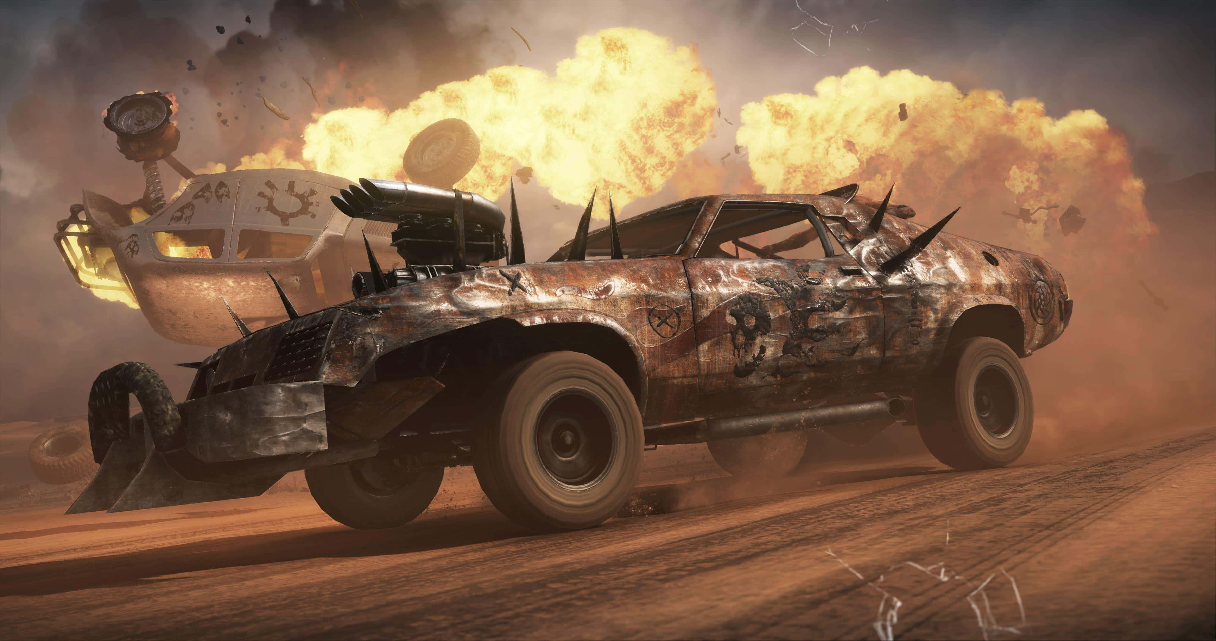 Mad Max Fury Road, chase explosion, rusty car, 4K Desktop Wallpaper