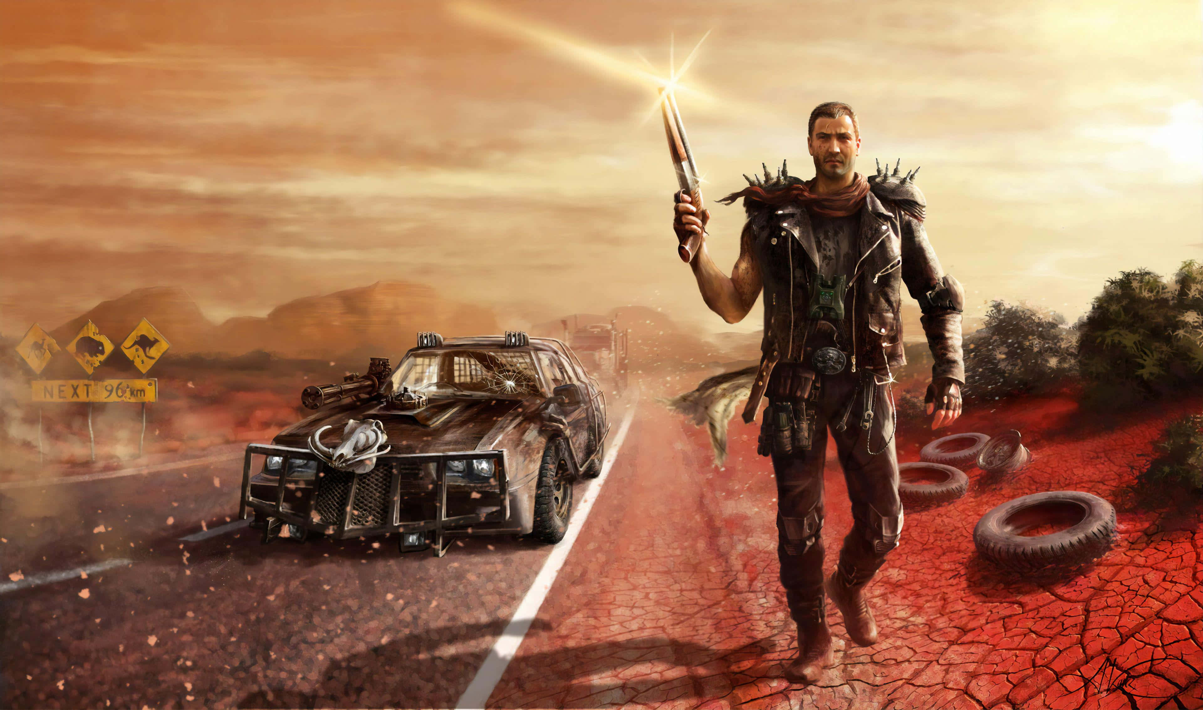 Mad Max, post-apocalyptic warrior, heavily modified car, 4K Desktop Wallpaper