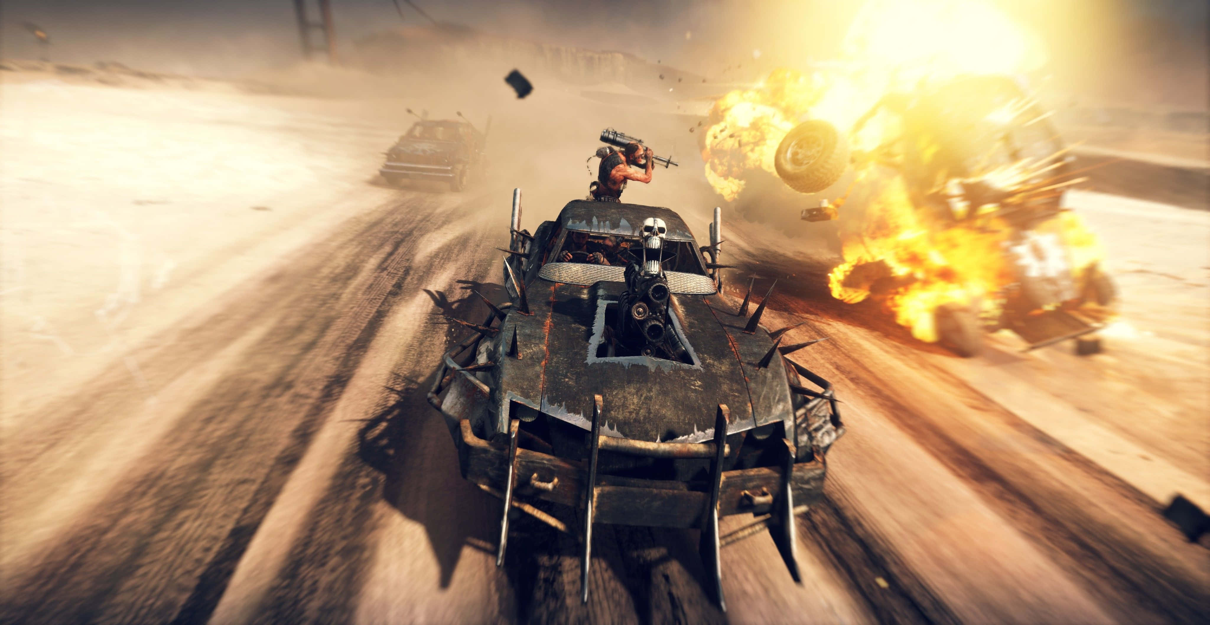 Mad Max Fury Road, explosive chase, heavily armed vehicle, 4K Desktop Wallpaper