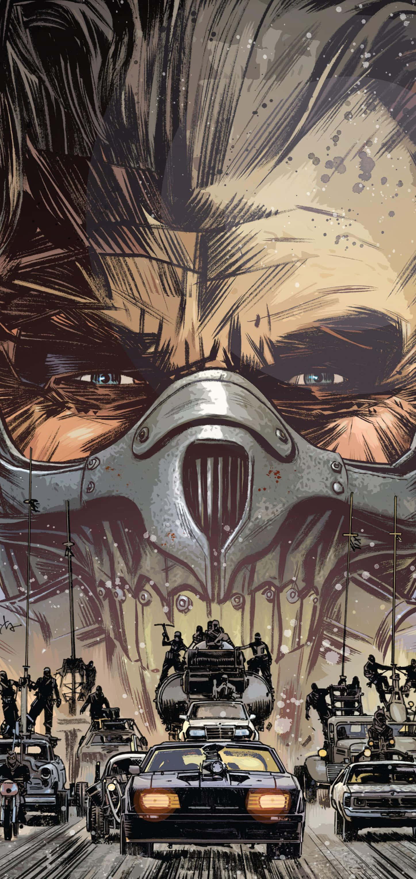 Mad Max Fury Road, masked figure, chaotic street, 2K Phone Wallpaper