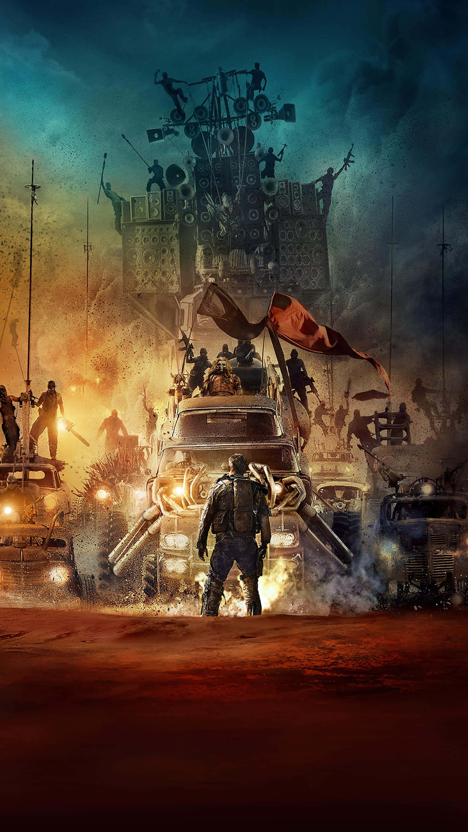 Mad Max Fury Road, armored vehicle convoy, stormy sky, 2K Phone Wallpaper