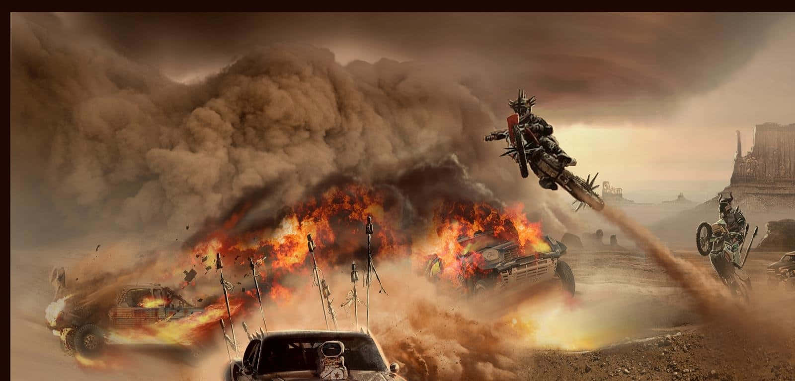 Mad Max: Fury Road, flaming cars, modified motorcycles, HD Desktop Wallpaper