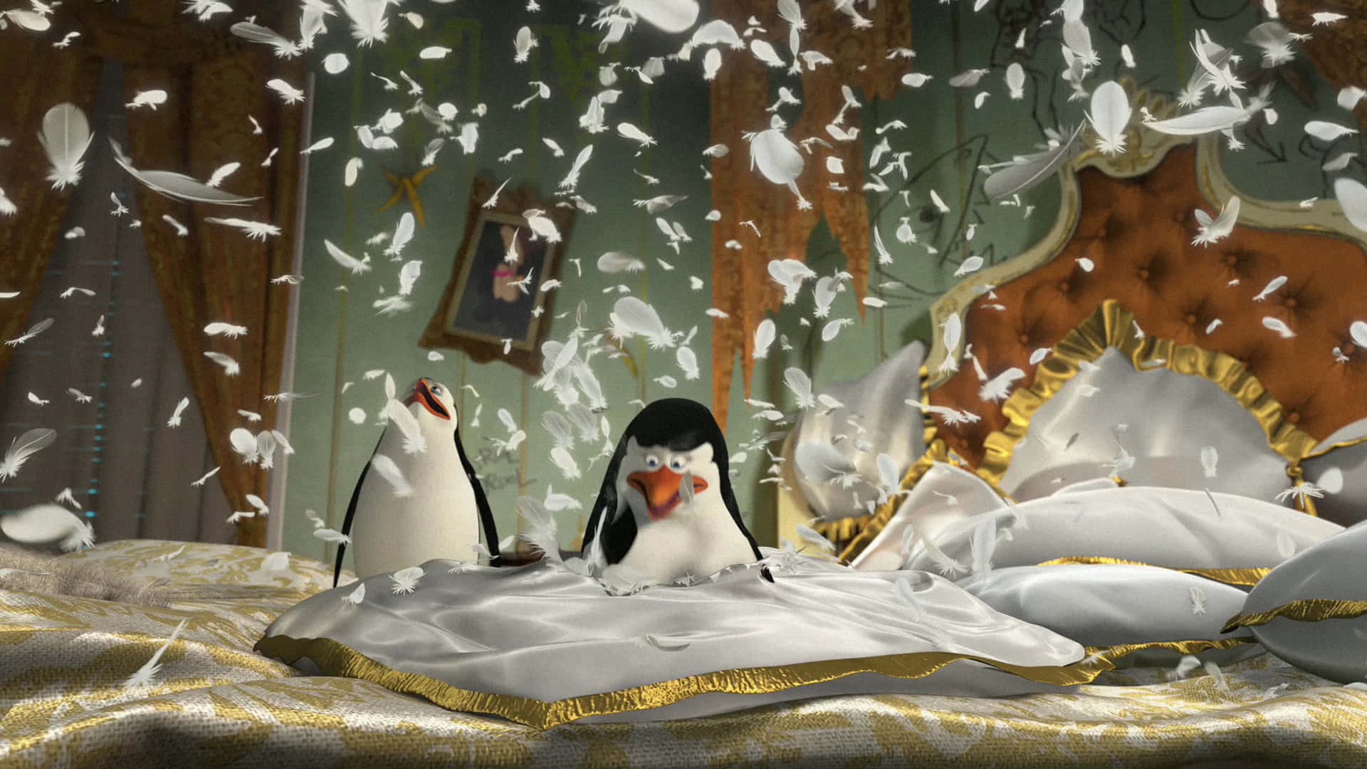 Madagascar 3 Europes Most Wanted, penguins, feather explosion, Full HD Desktop Wallpaper