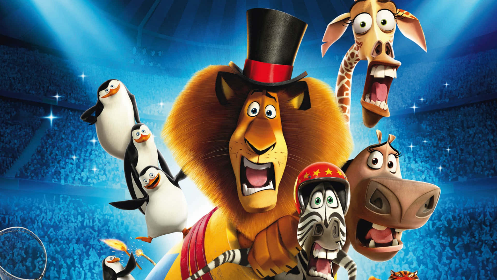 Madagascar 3 Europes Most Wanted, lion in a top hat, penguins, Full HD Desktop Wallpaper
