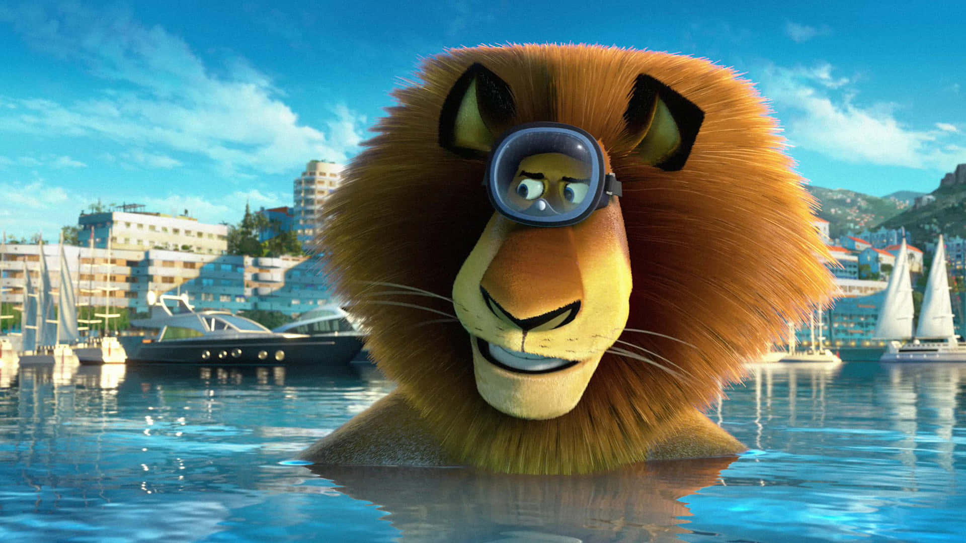 Madagascar 3 Europes Most Wanted, lion, diving mask, Full HD Desktop Wallpaper