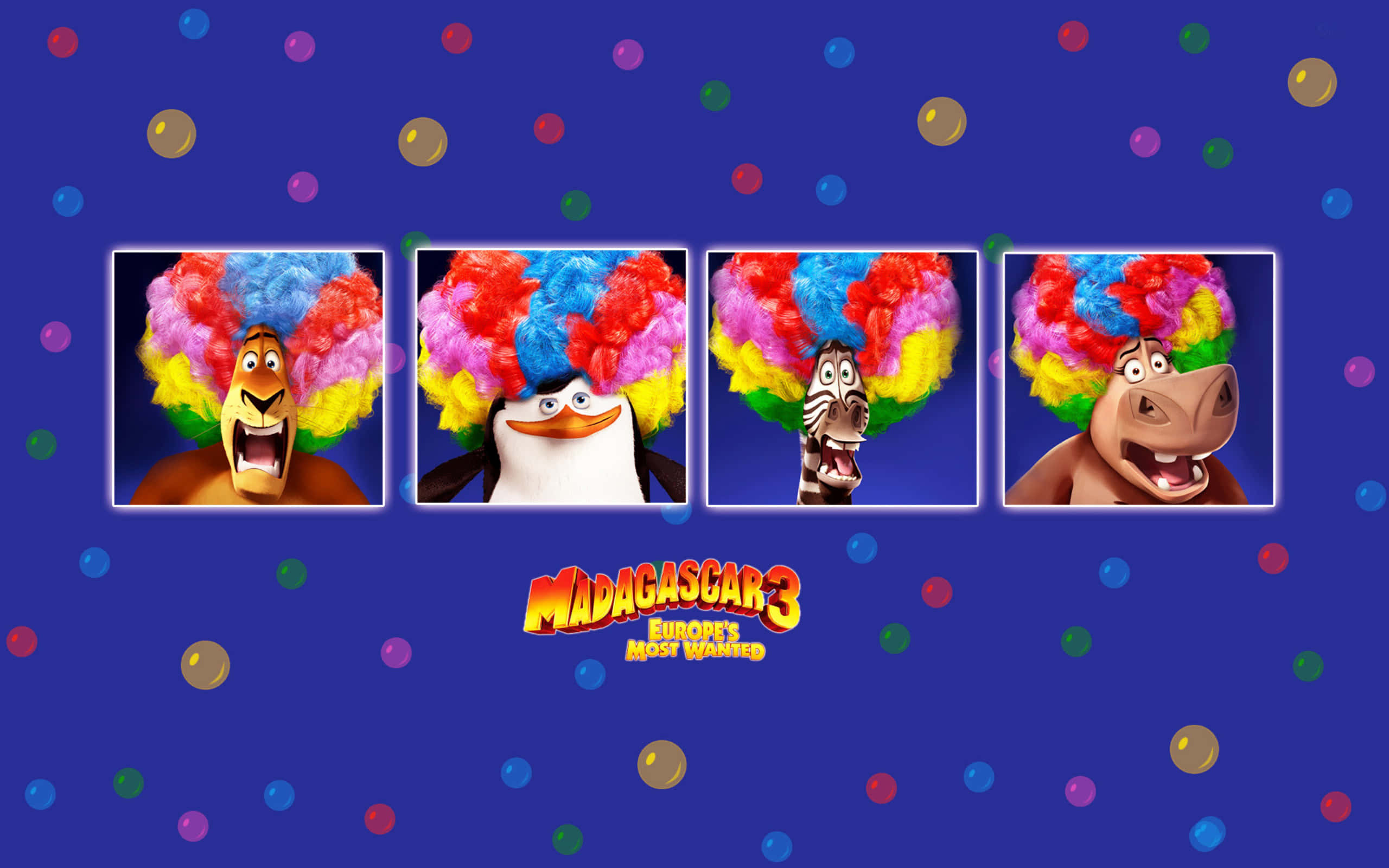 Madagascar 3, animated animal characters, colorful clown wigs, 2K Desktop Wallpaper