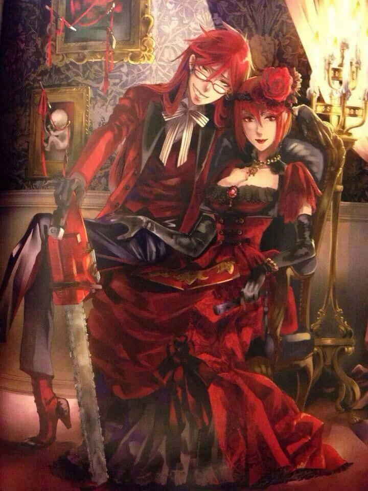 Madam Red, red-haired anime couple, gothic attire, SD Phone Wallpaper