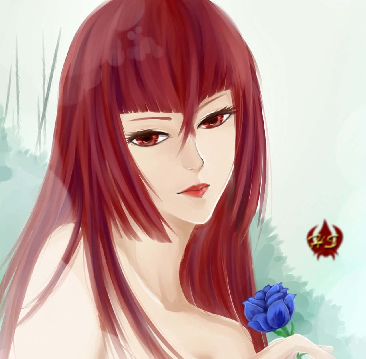 Madam Red, long red hair, blue rose, HD Desktop Wallpaper