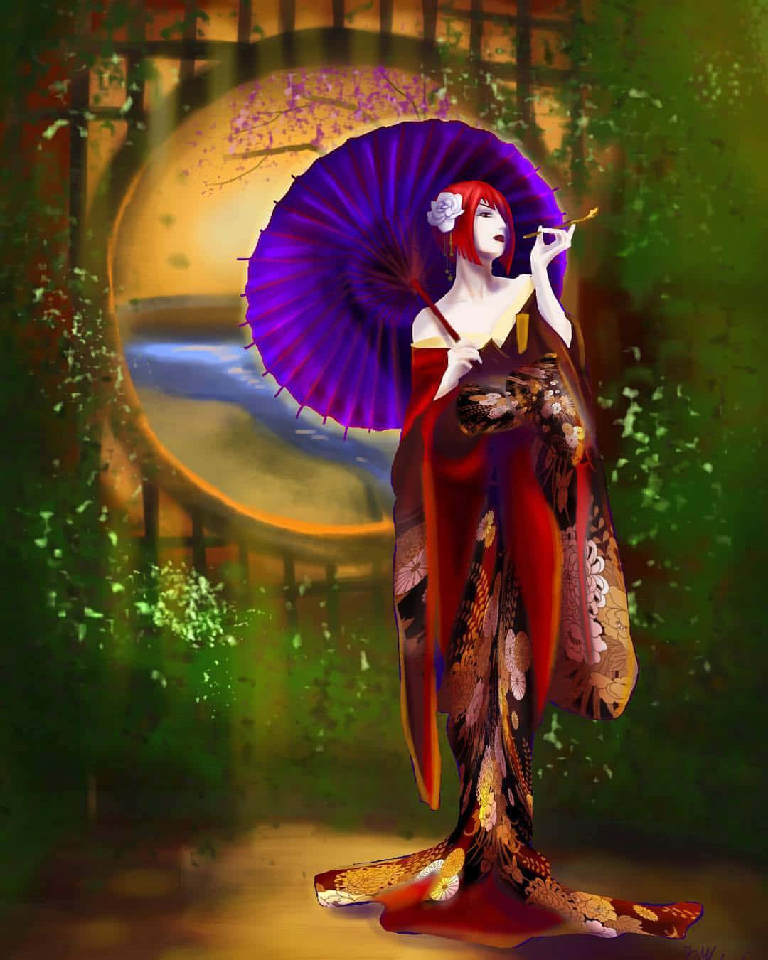 Madam Red, red-haired geisha, floral kimono, HD Phone Wallpaper