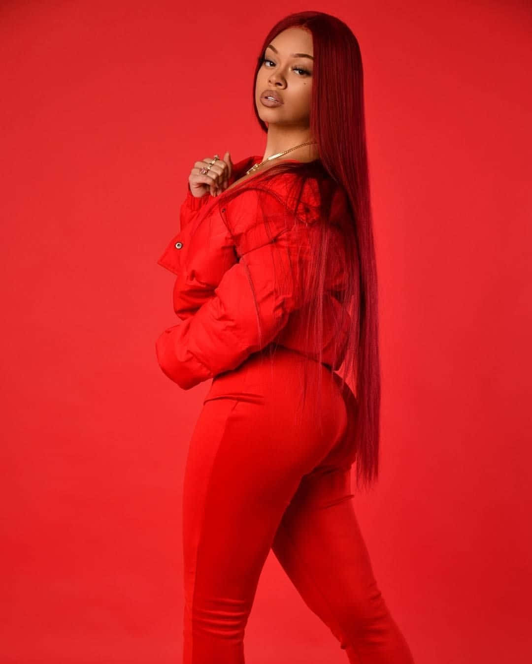 red ensemble, long red hair, red puffer jacket, HD Phone Wallpaper