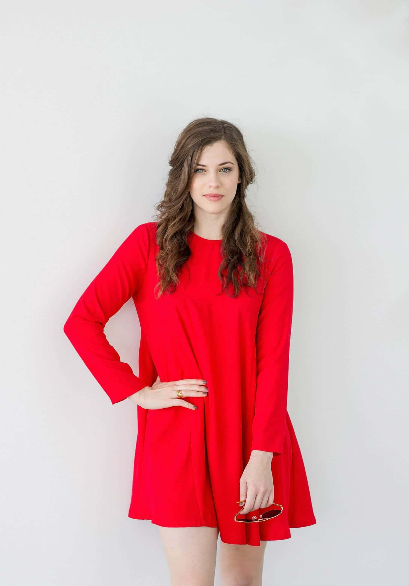 Elegant Red Dress Portrait, vibrant red dress, sunglasses, Full HD Phone Wallpaper