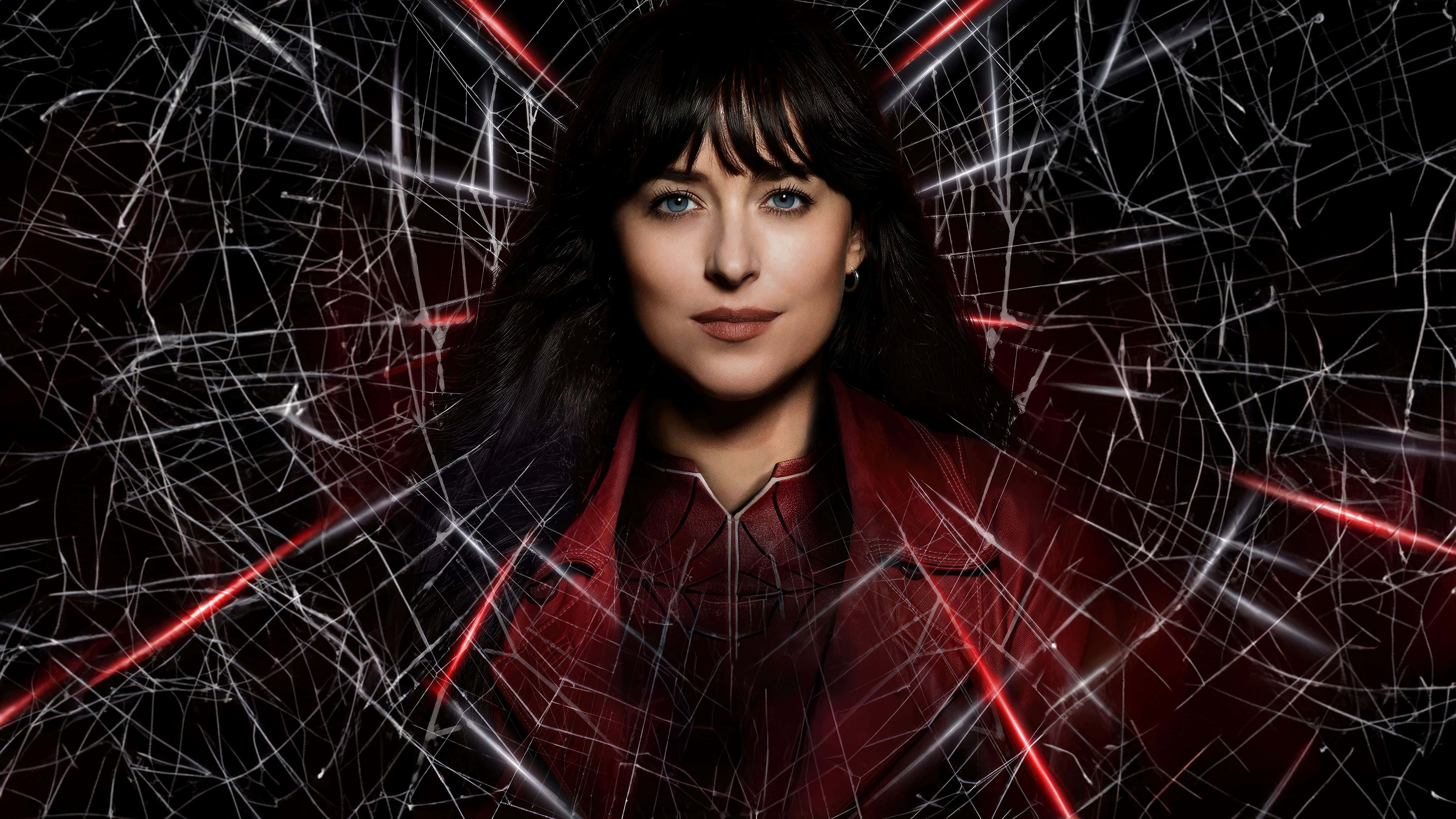 Madame Web, red jacket, shattered glass fragments, 5K Desktop Wallpaper