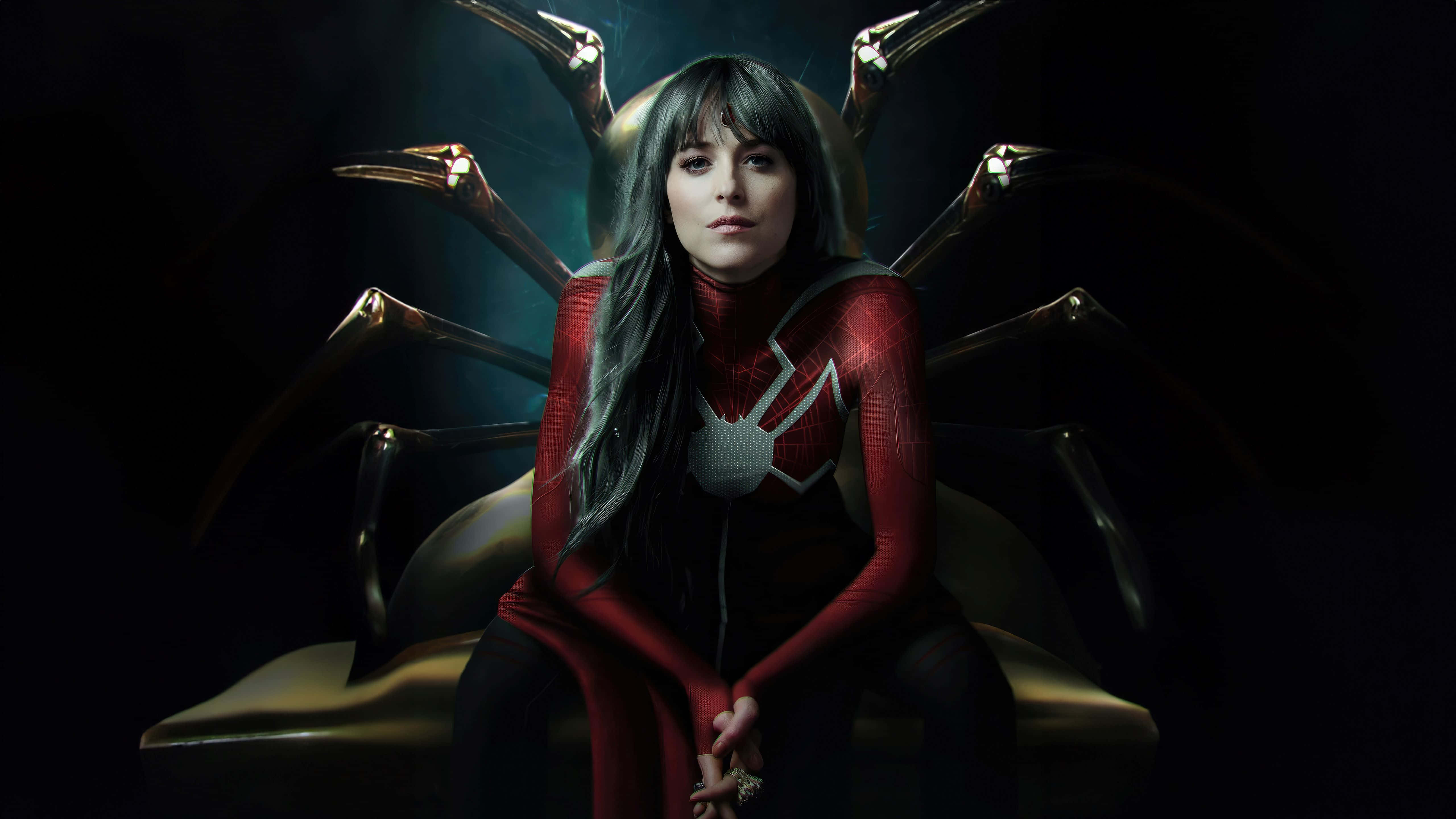 Madame Web, red spider-themed suit, golden throne, 5K Desktop Wallpaper