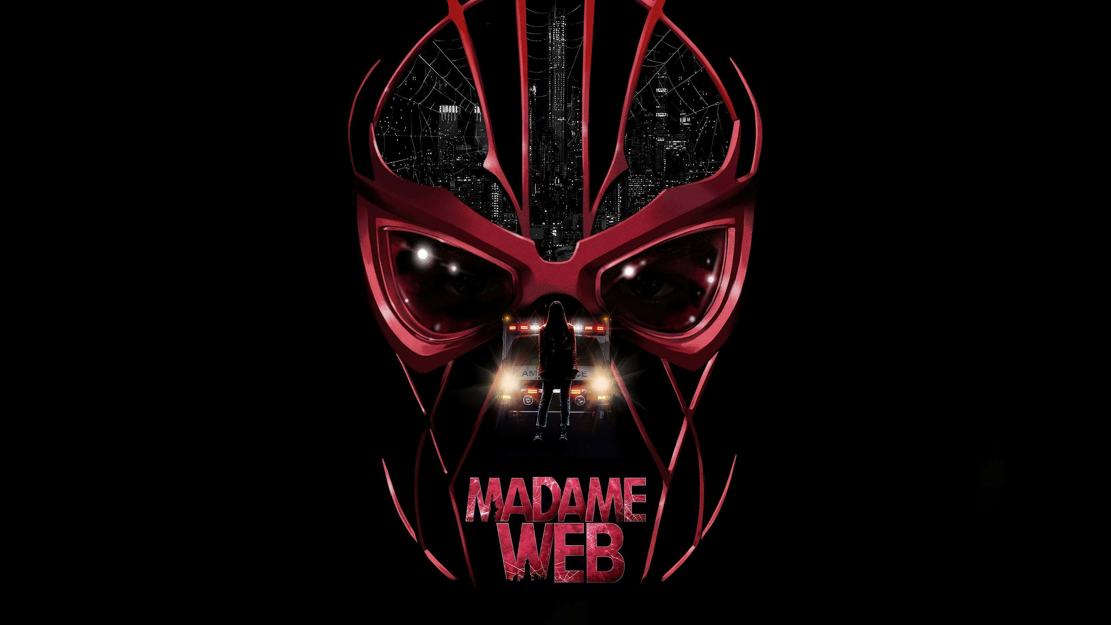 Madame Web, red spider mask, cityscape, 4K Desktop Wallpaper