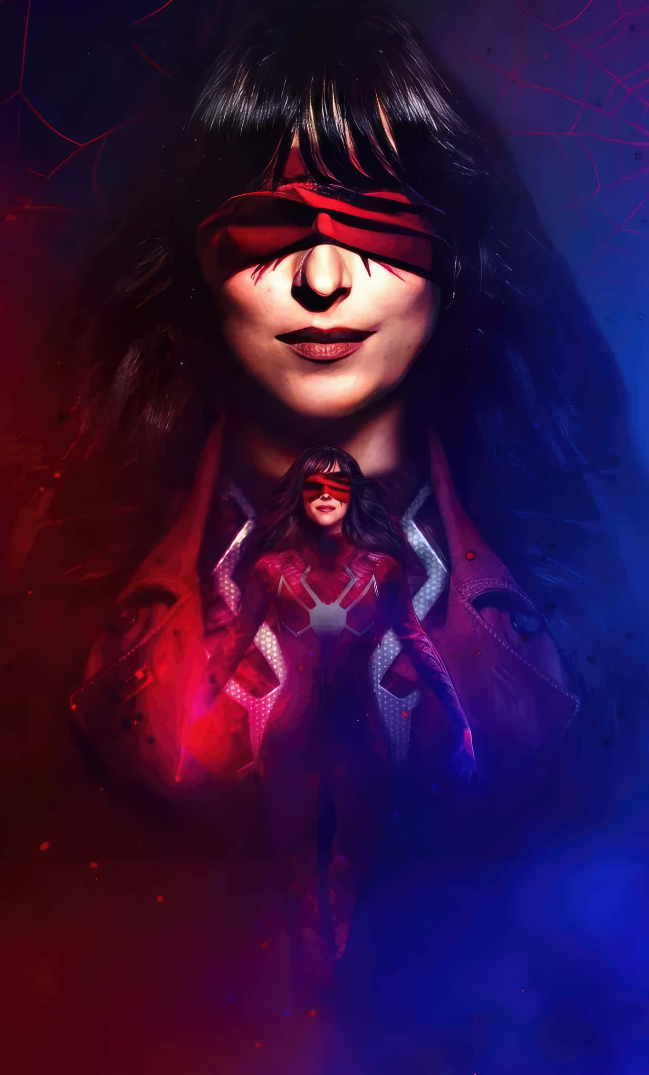 Madame Web, red blindfold, dark hair, Full HD Phone Wallpaper