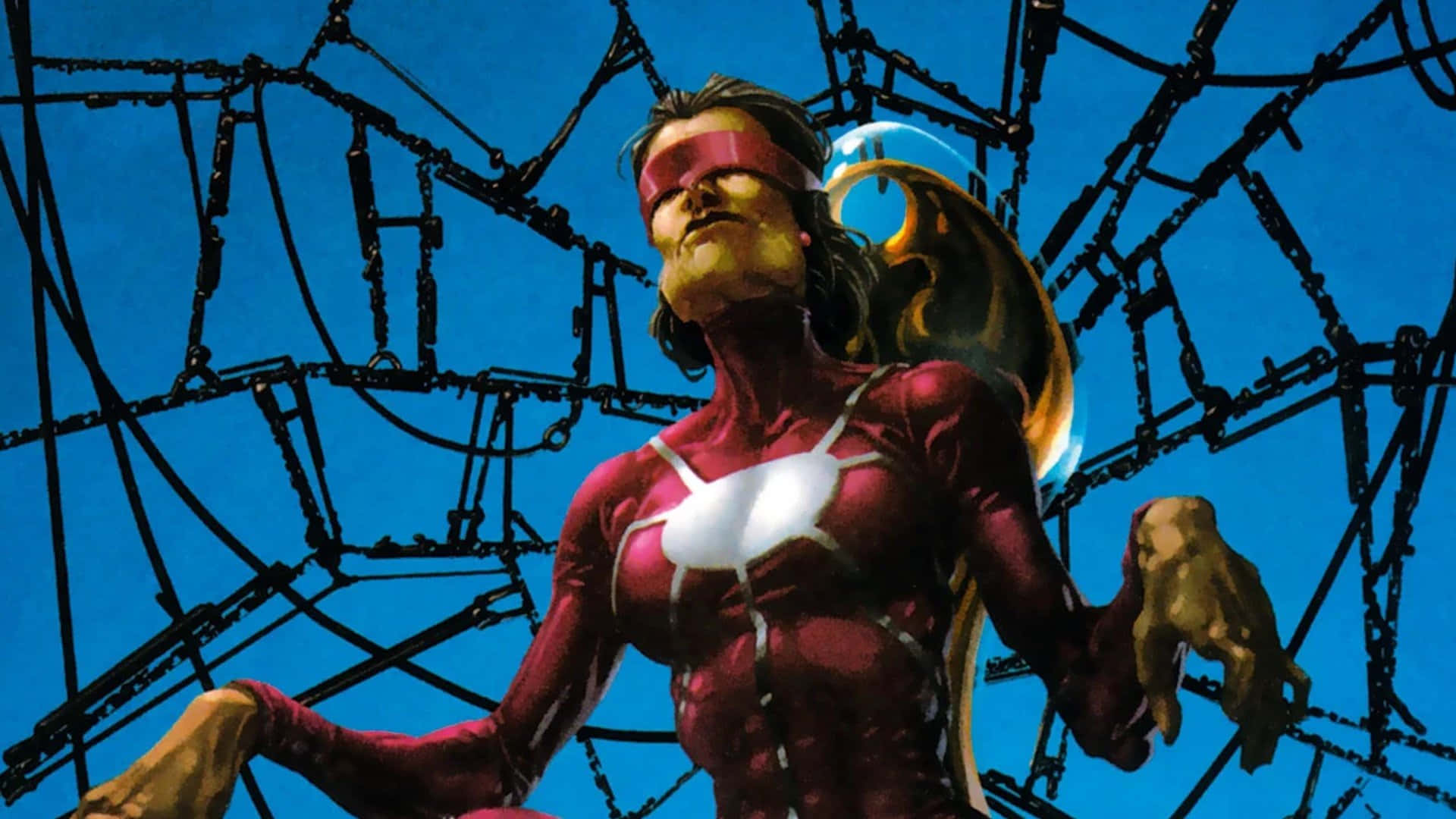 Madame Web, red suit, white chest emblem, Full HD Desktop Wallpaper