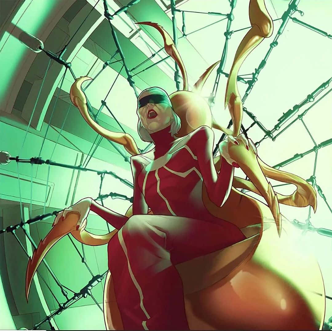 Madame Web, red suit, golden insect limbs, SD Desktop Wallpaper