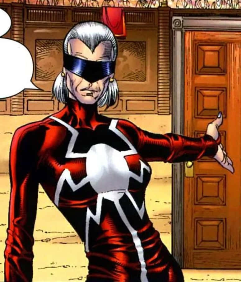 Madame Web, red black and white suit, wooden paneled room, SD Phone Wallpaper