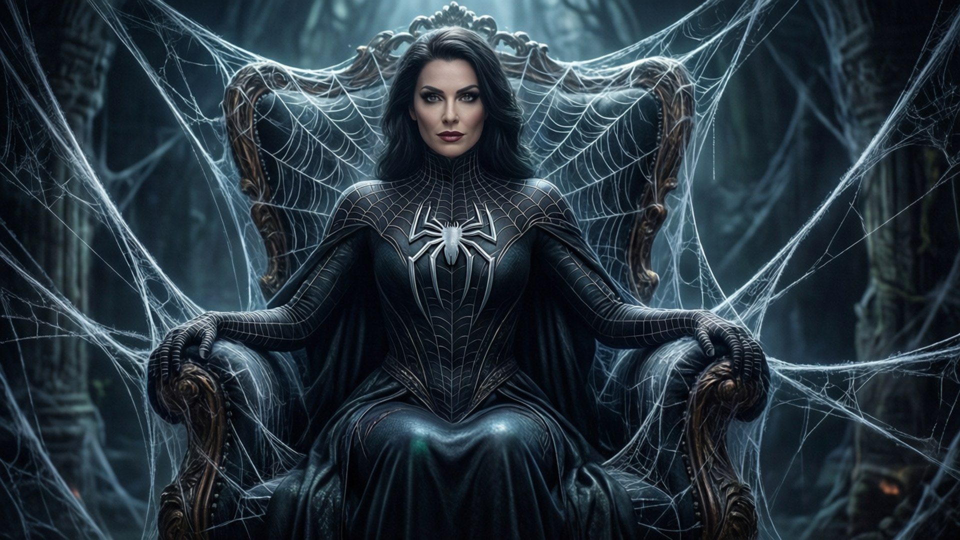 Madame Web, iconic chair, glowing webs, Full HD Desktop Wallpaper