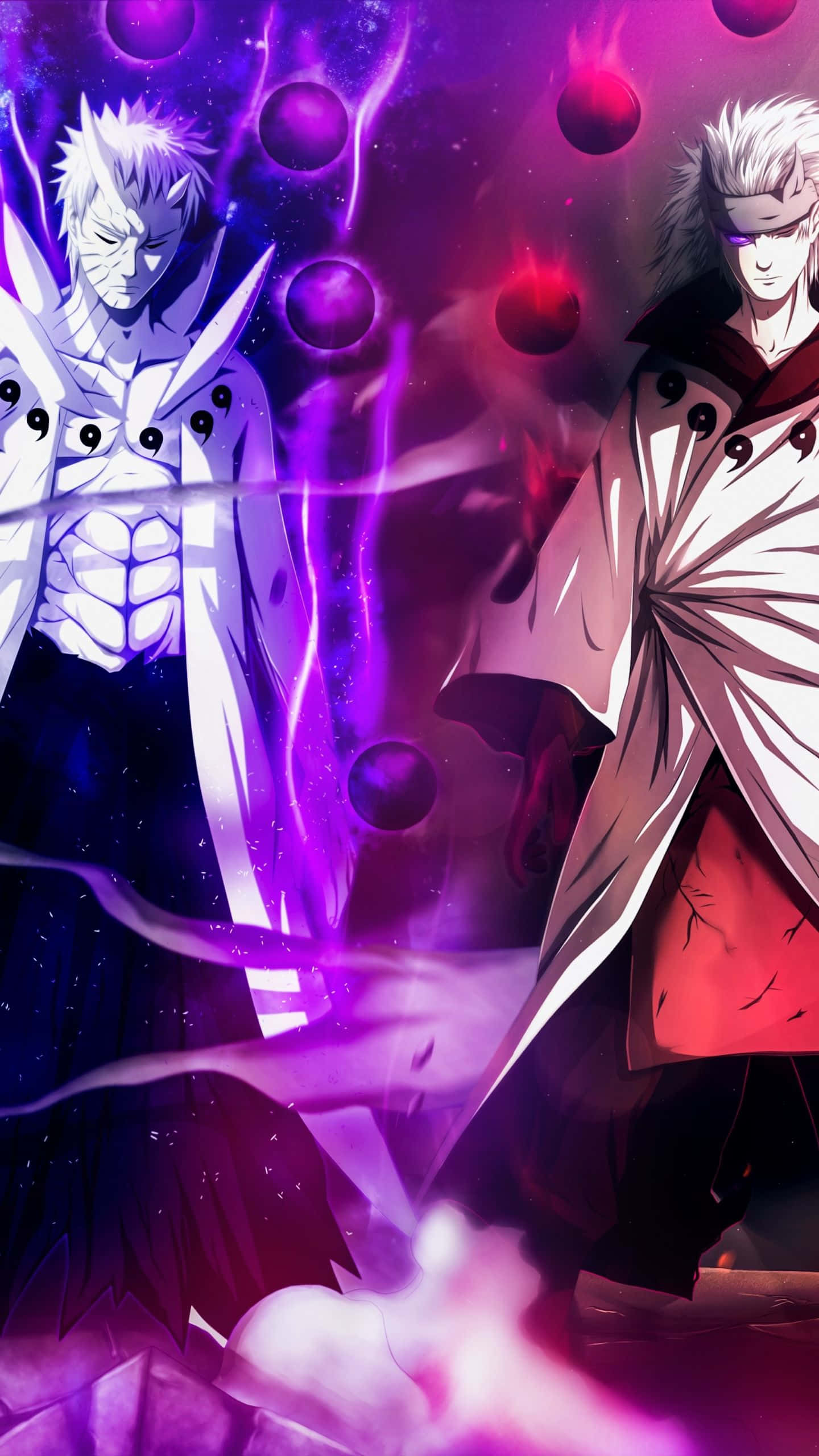 Madara iPhone, white hair, swirling purple energy, 2K Phone Wallpaper