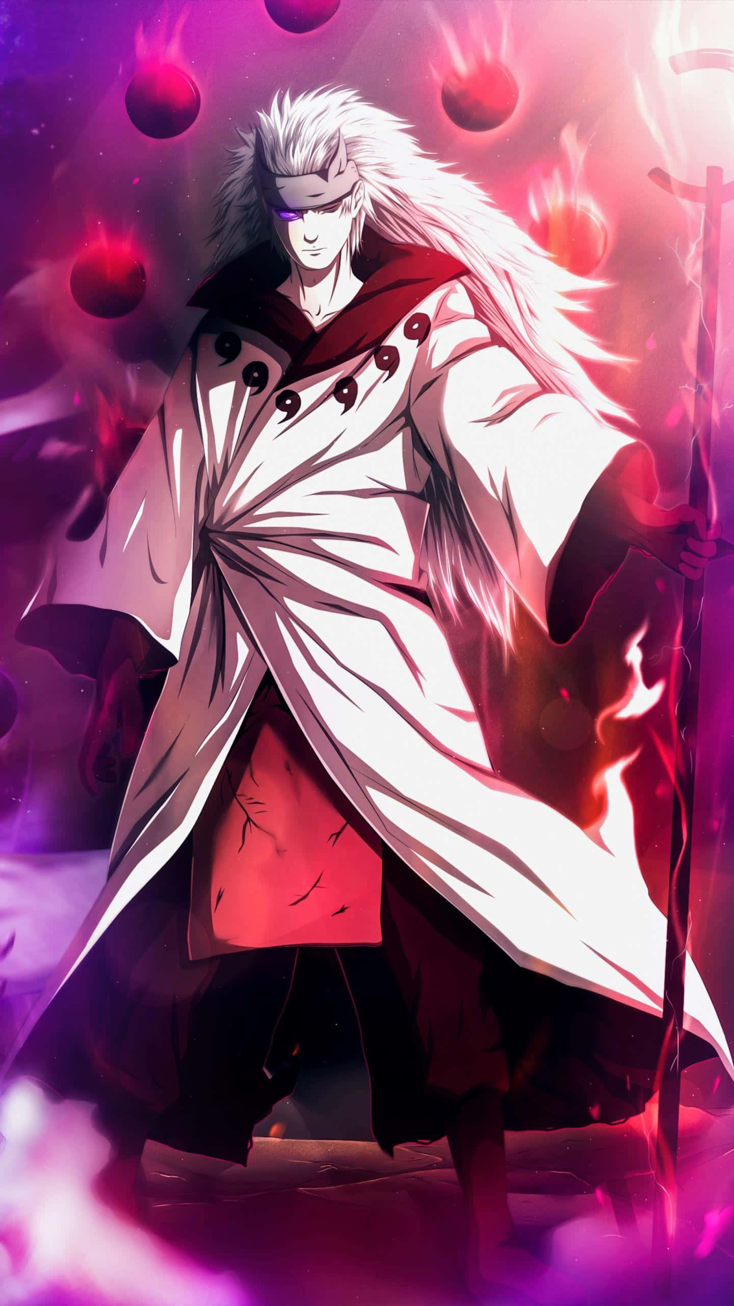 Madara iPhone, white-haired anime warrior, flowing white robe, 2K Phone Wallpaper